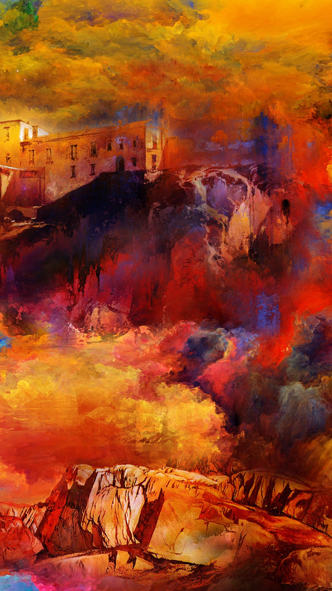 Download mobile wallpaper Fantasy, Smoke, Building, Colors, Artistic for free.