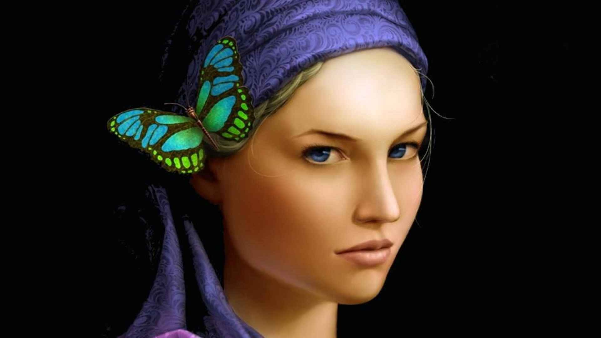 Free download wallpaper Butterfly, Artistic, Face, Women, Scarf, Blue Eyes on your PC desktop