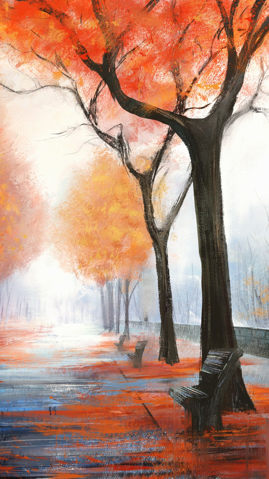 Download mobile wallpaper Fall, Bench, Artistic for free.