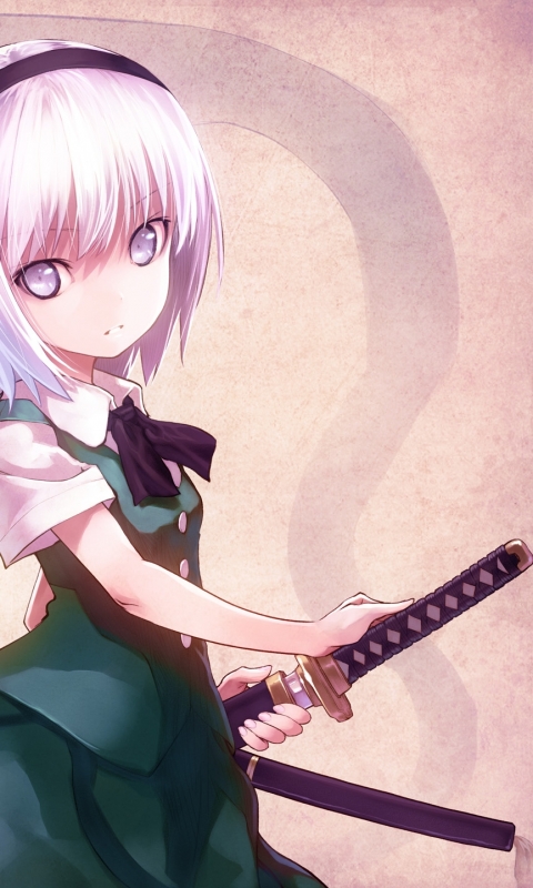 Handy-Wallpaper Blume, Geist, Schwert, Katana, Animes, Tuhu, Kurzes Haar, Weißes Haar, Youmu Konpaku kostenlos herunterladen.