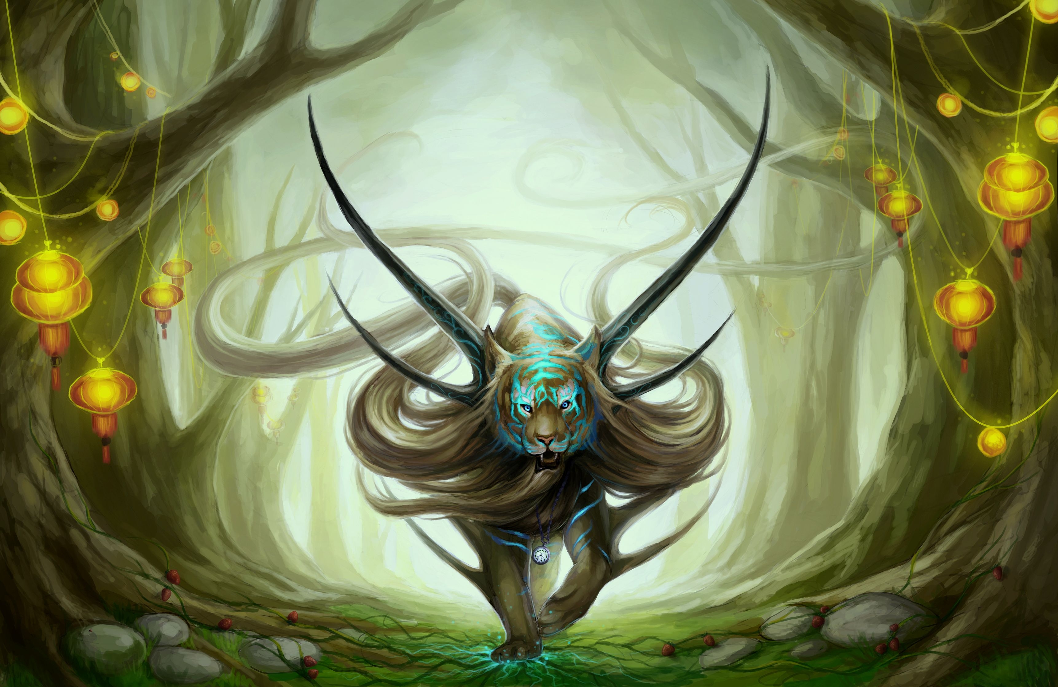 fantasy, forest, tiger, being, creature, hair, horns