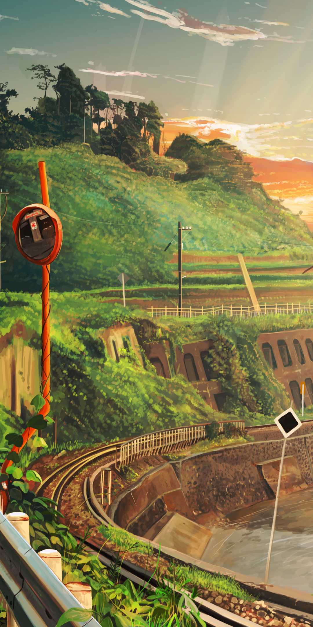 Download mobile wallpaper Anime, Nature, Sunset, Sky, Railroad, Original for free.