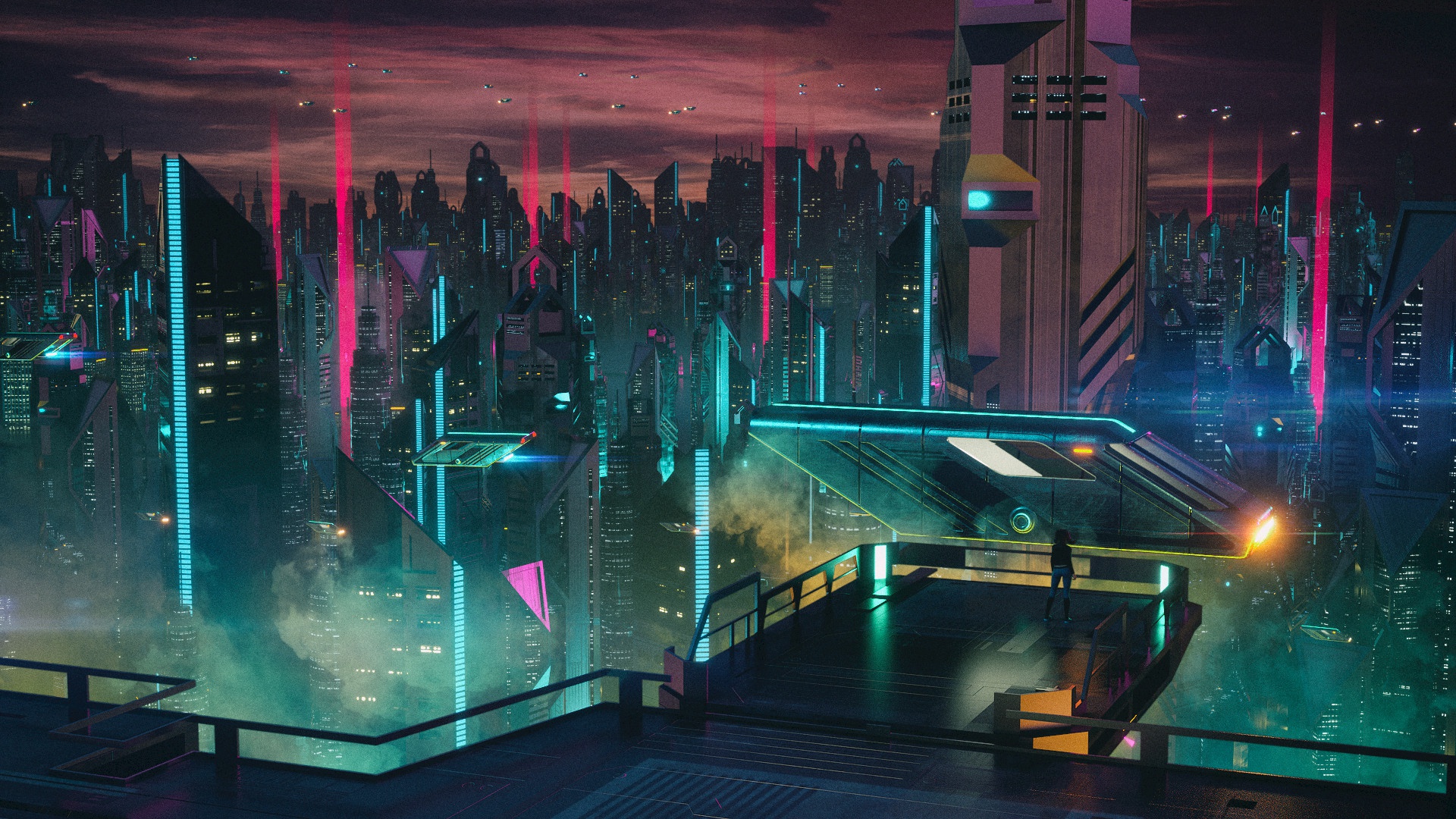 Laden Sie das Wolkenkratzer, Gebäude, Cyberpunk, Science Fiction, Futuristisch, Großstadt-Bild kostenlos auf Ihren PC-Desktop herunter