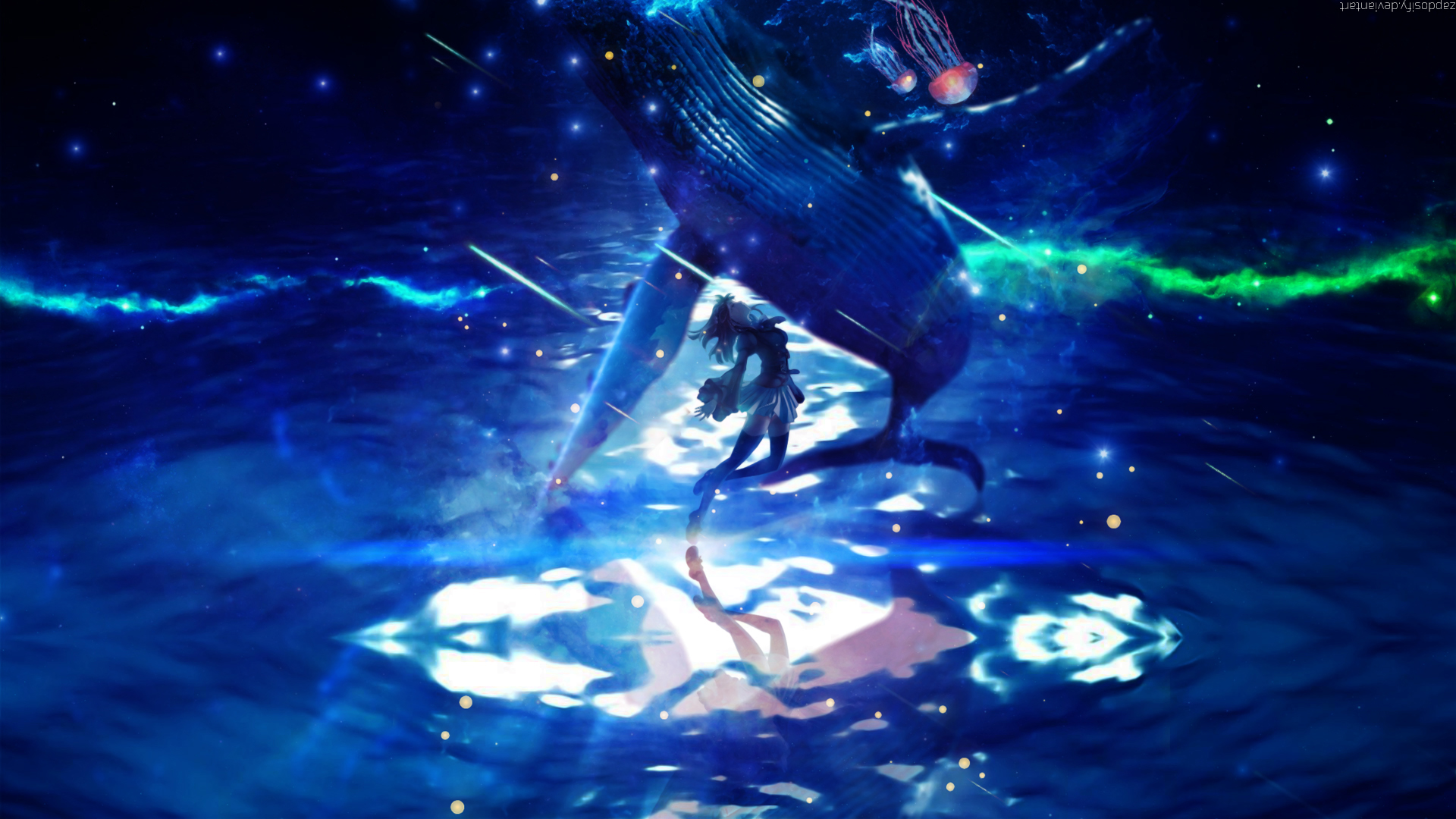 Free download wallpaper Anime, Water, Stars, Reflection, Light, Whale, Original on your PC desktop