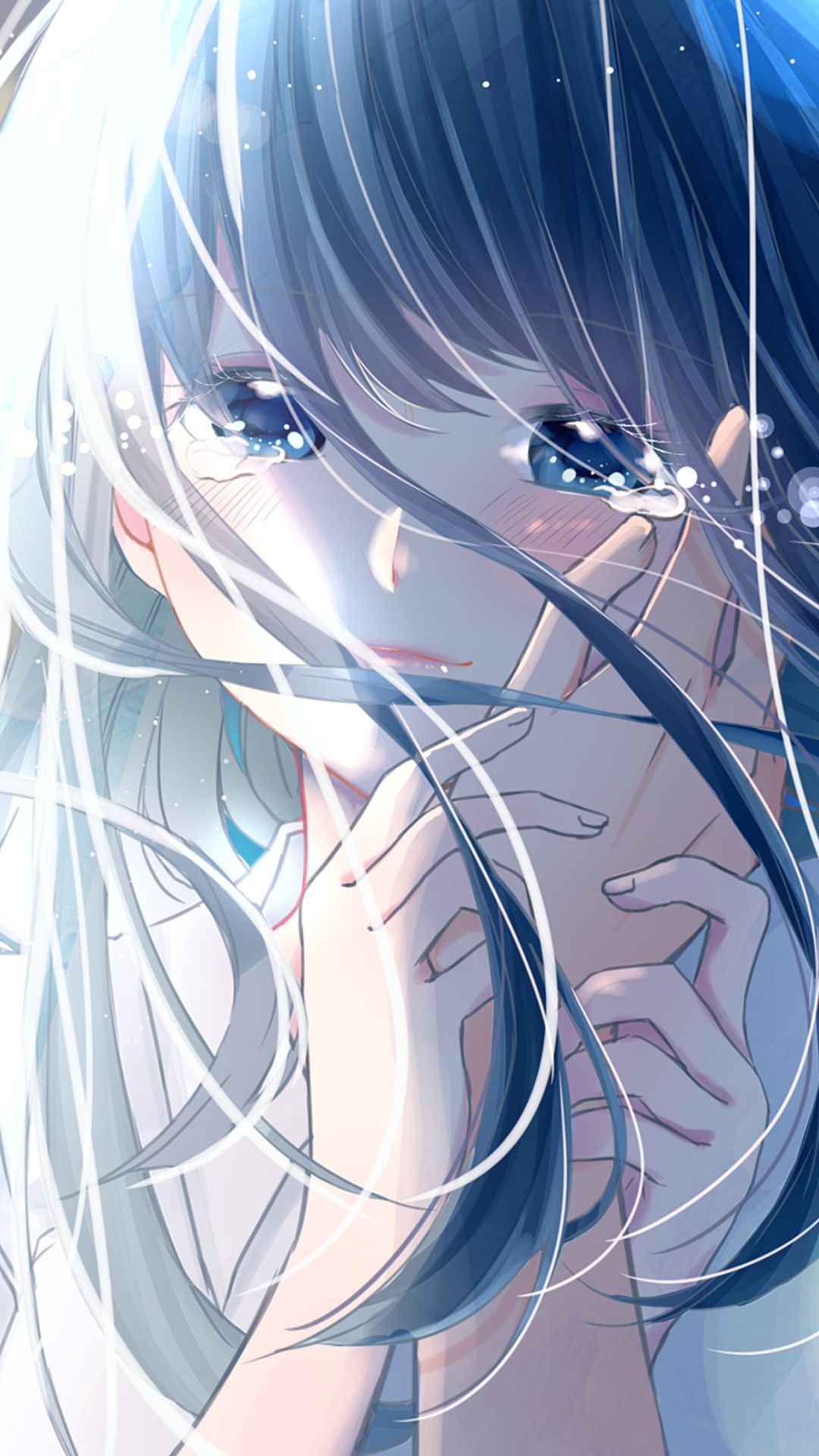 Download mobile wallpaper Anime, Girl, Blue Eyes, Black Hair, Crying for free.