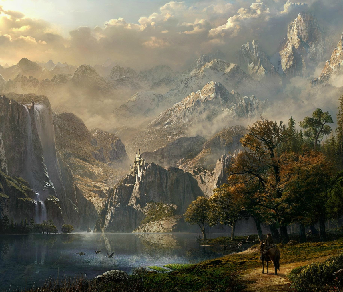 Free download wallpaper Landscape, Fantasy, Mountain, Lake, Horse, Adventure, Castle on your PC desktop