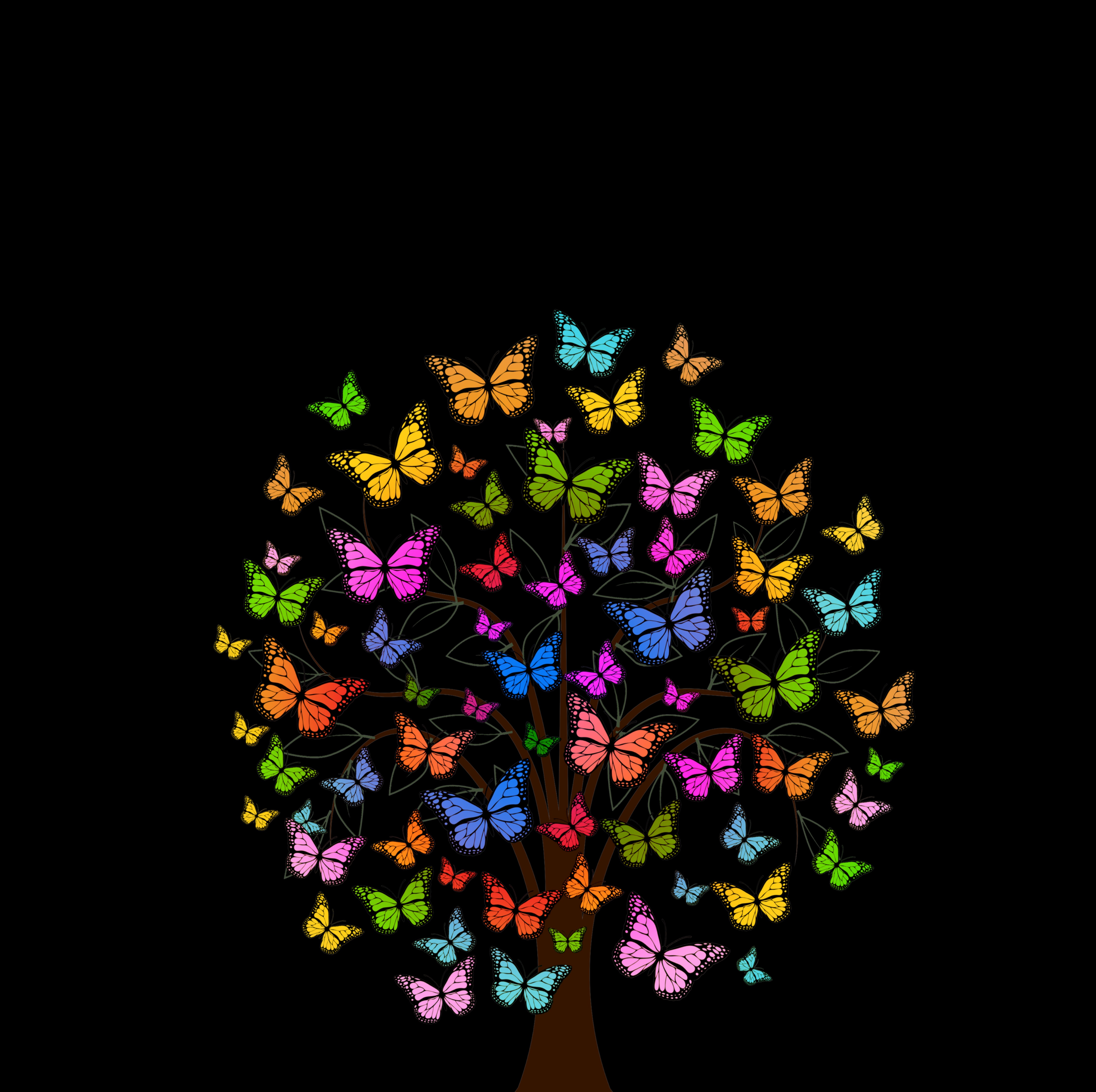 butterflies, patterns, vector, multicolored, wood, motley, tree