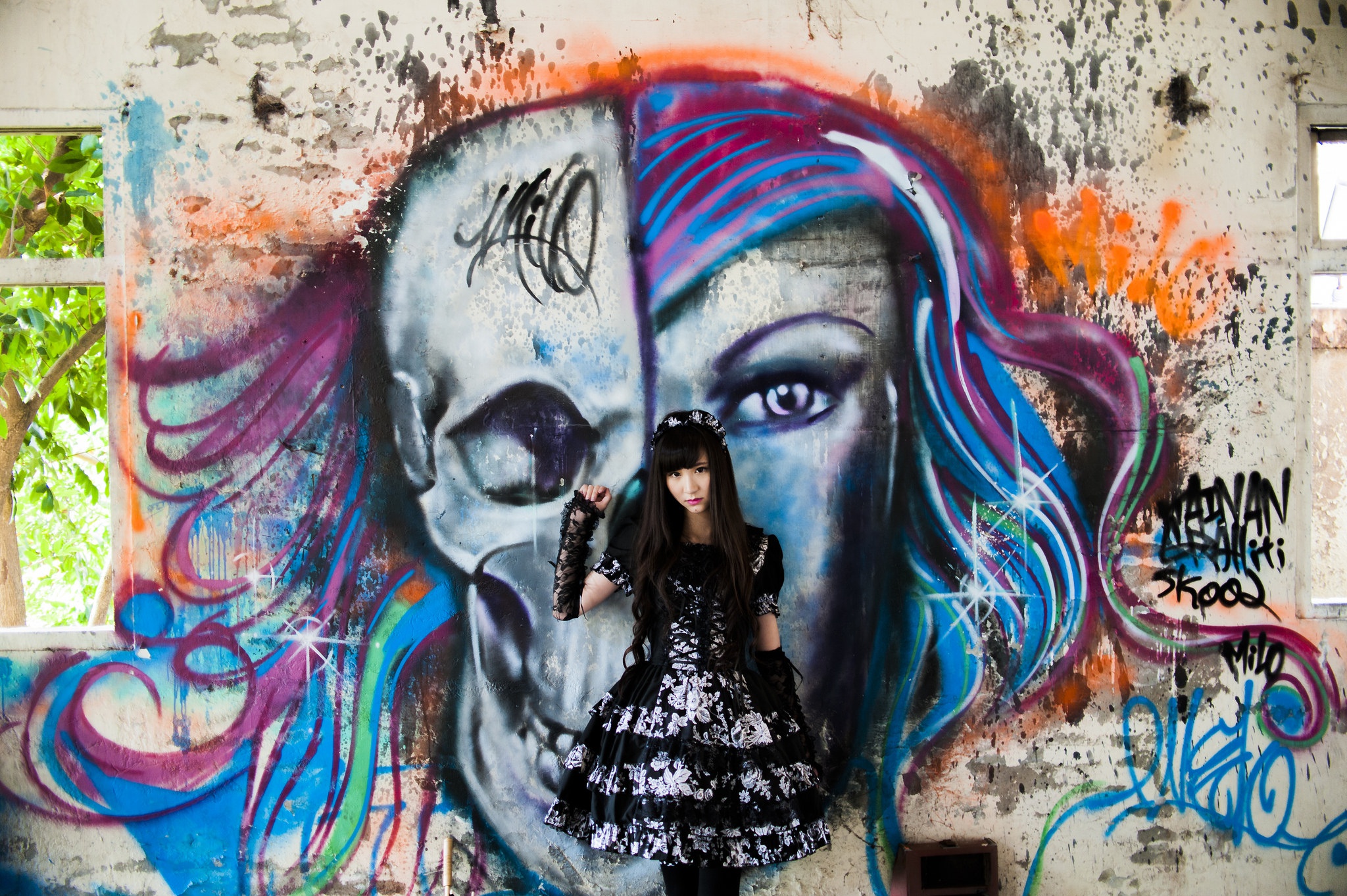 Download mobile wallpaper Graffiti, Brunette, Model, Women, Asian, Black Dress for free.