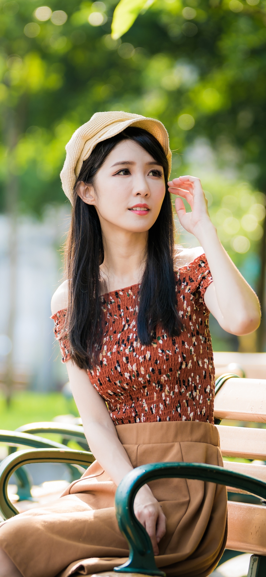 Download mobile wallpaper Bench, Hat, Model, Women, Asian, Black Hair, Long Hair for free.