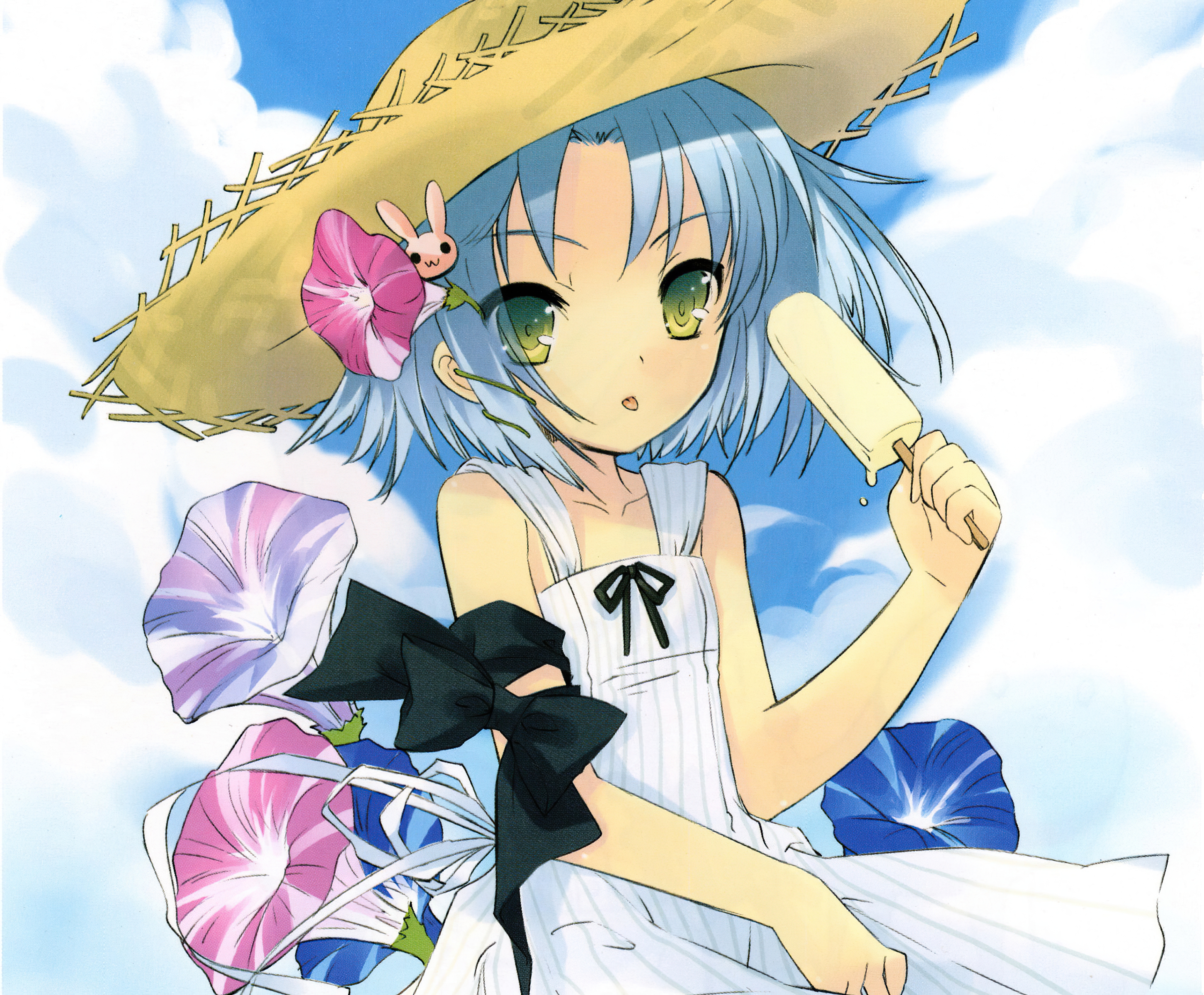Download mobile wallpaper Anime, Ice Cream, Flower, Hat, Ribbon, Green Eyes, Original, Blue Hair, Short Hair for free.