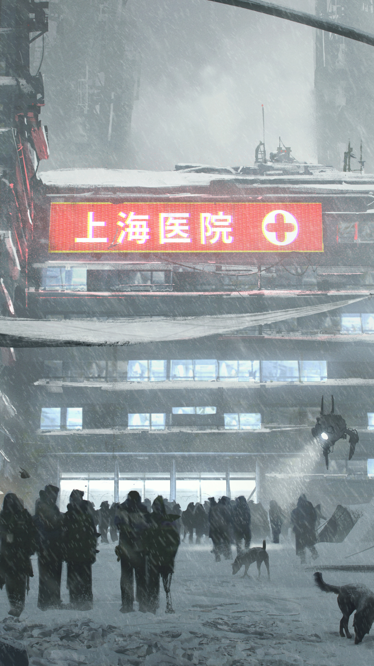Download mobile wallpaper People, Winter, Snow, Building, Cyberpunk, Sci Fi, Snowfall for free.