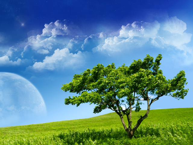 Download mobile wallpaper Landscape, Moon, Tree, Earth, Cloud, Surreal, A Dreamy World for free.