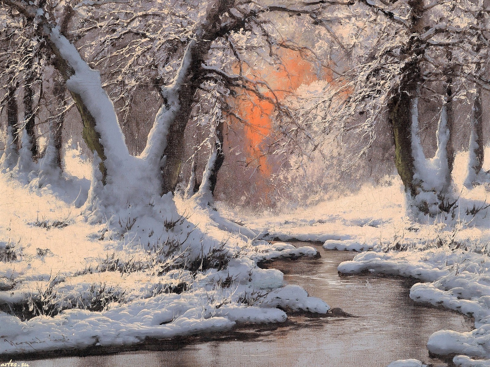 Скачать картинку Зима, Река, Снег, Лес, Ручей, Картина, Художественные в телефон бесплатно.