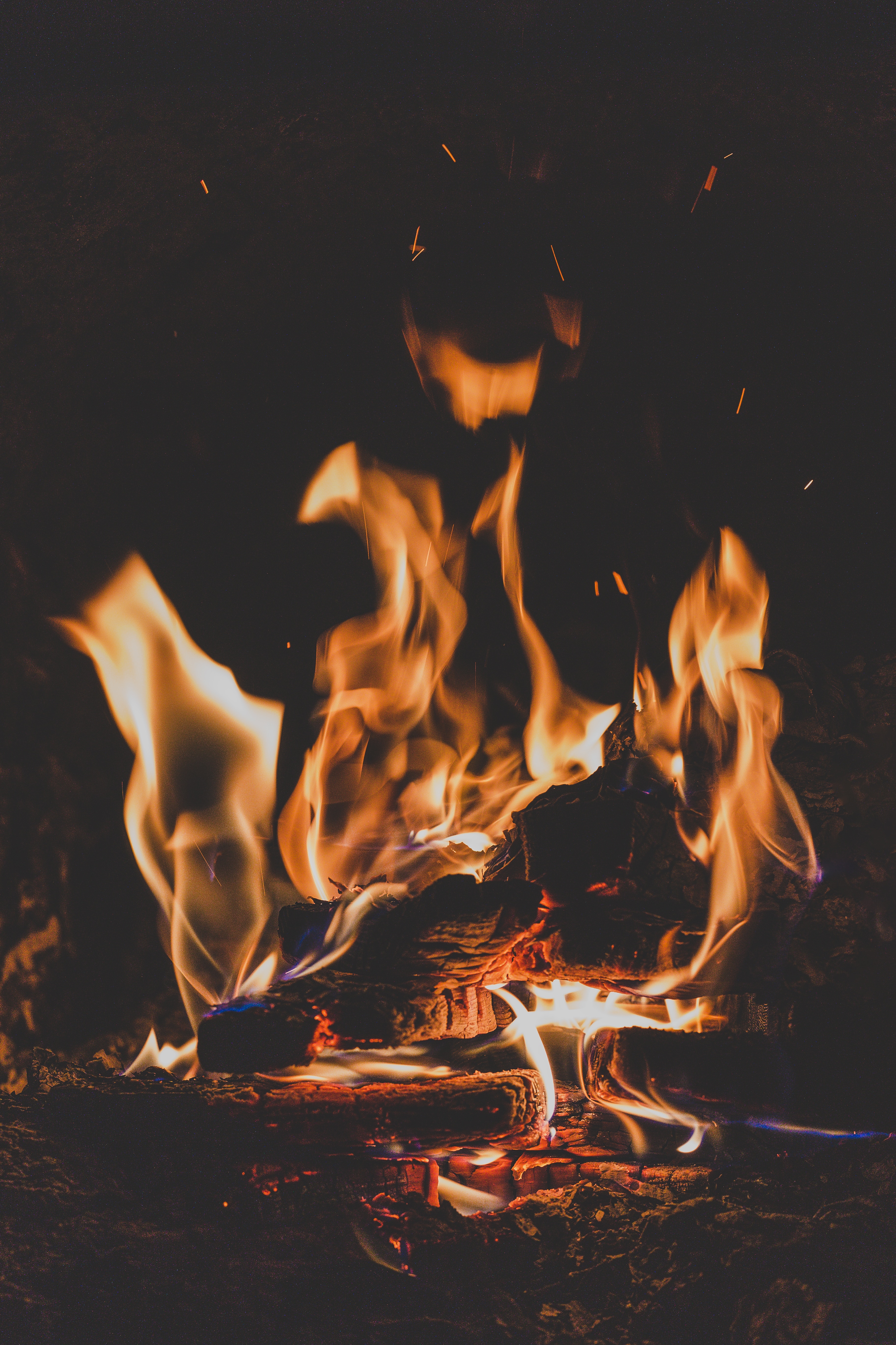 dark, firewood, fire, bonfire, flame, camping, campsite, angle, corner, ash