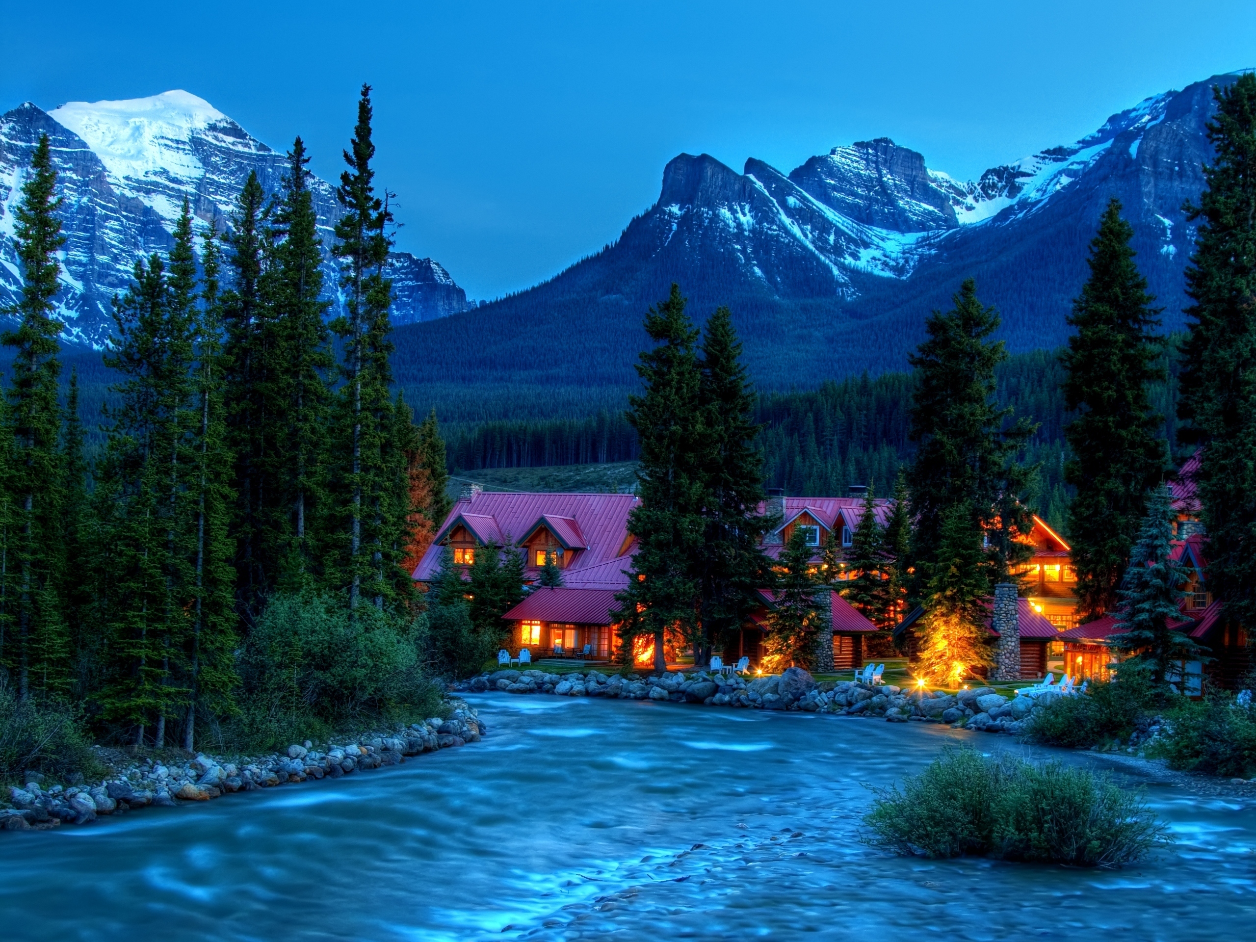 Free download wallpaper Landscape, Mountain, House, River, Man Made on your PC desktop