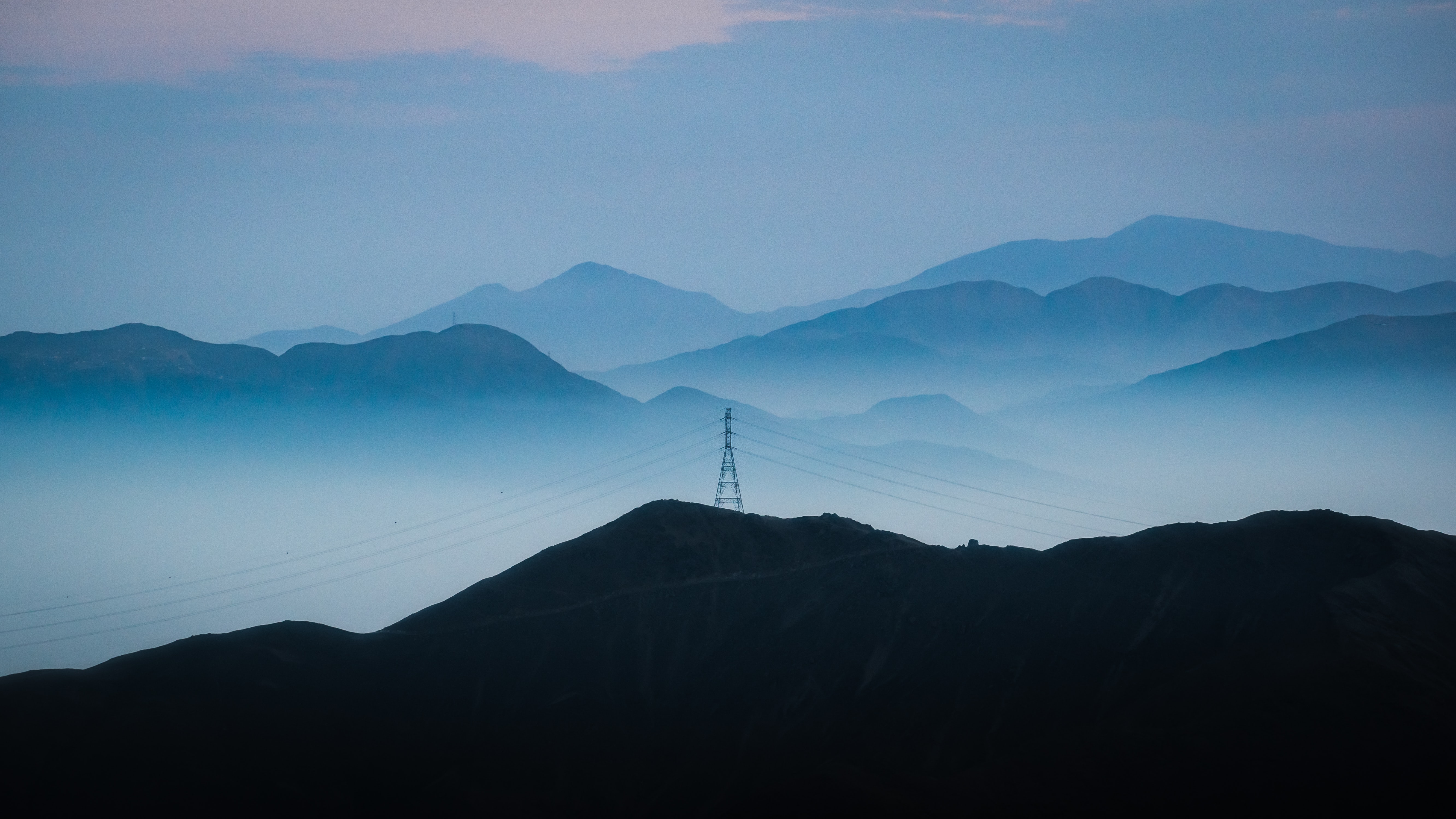 wires, nature, fog, hills, dahl, distance, wire 8K