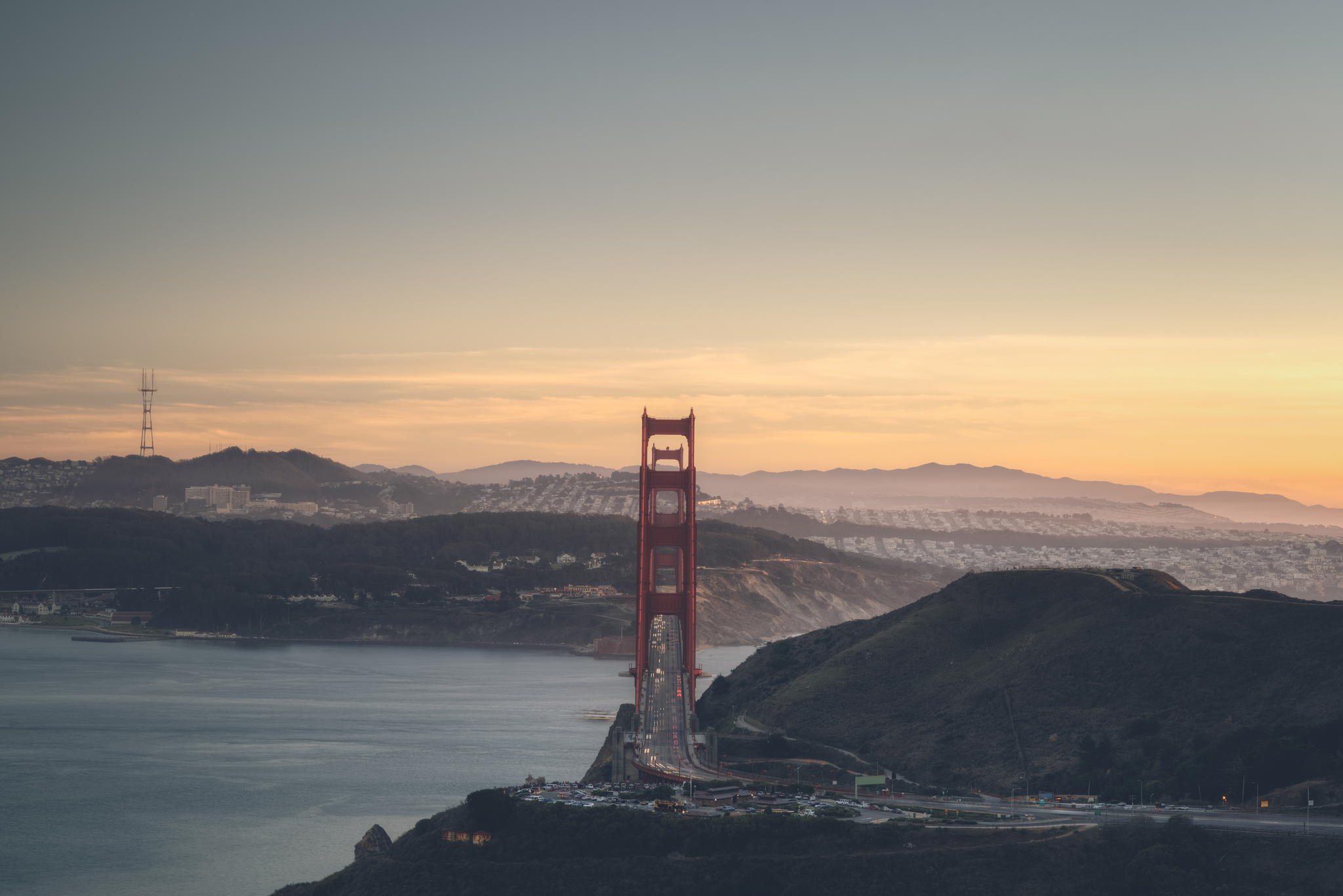 Download mobile wallpaper Golden Gate, California, San Francisco, Bridge, Bridges, Usa, Man Made, Sunset, Landscape for free.