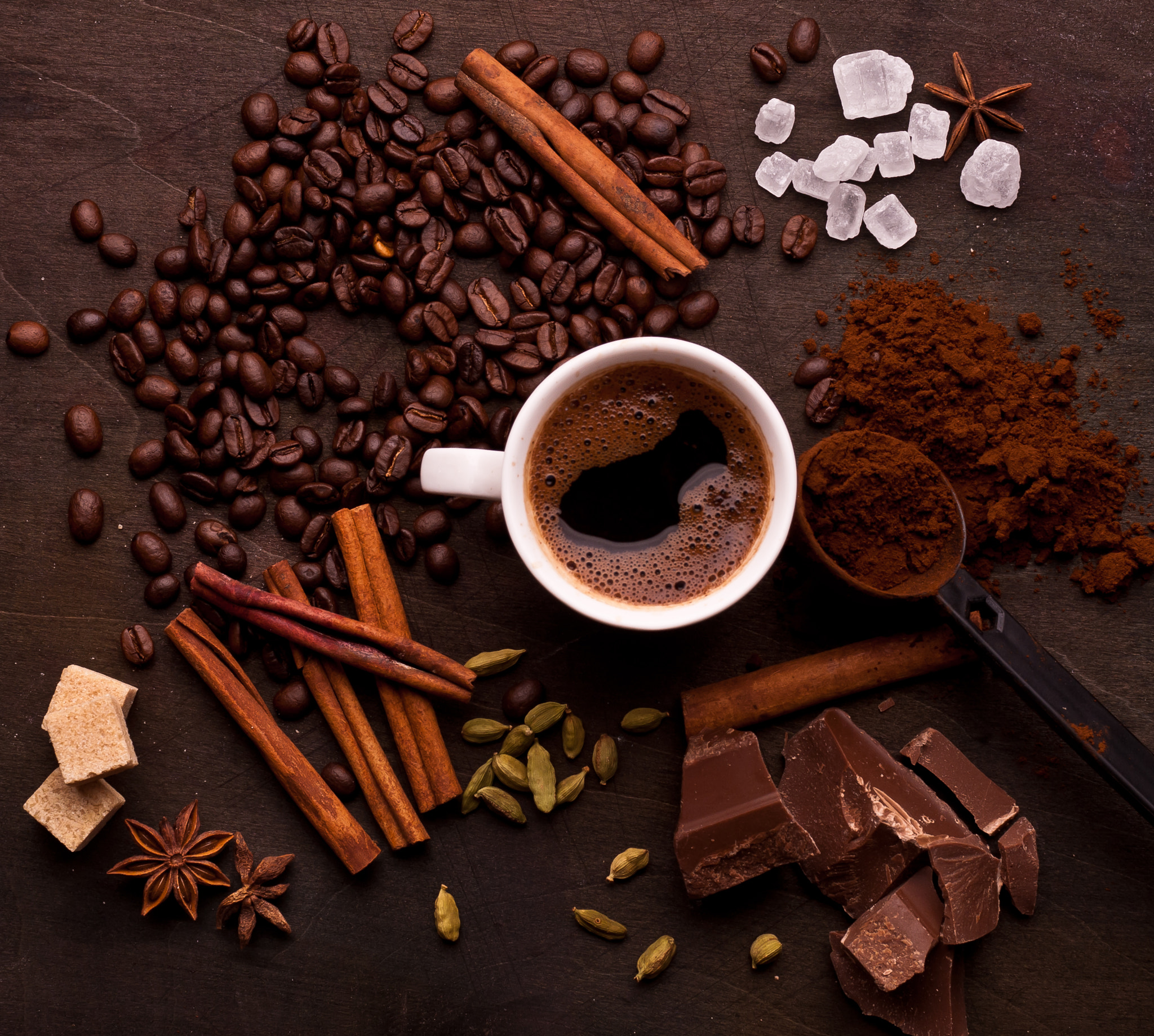 Download mobile wallpaper Food, Chocolate, Coffee, Still Life, Cinnamon, Cup, Coffee Beans for free.