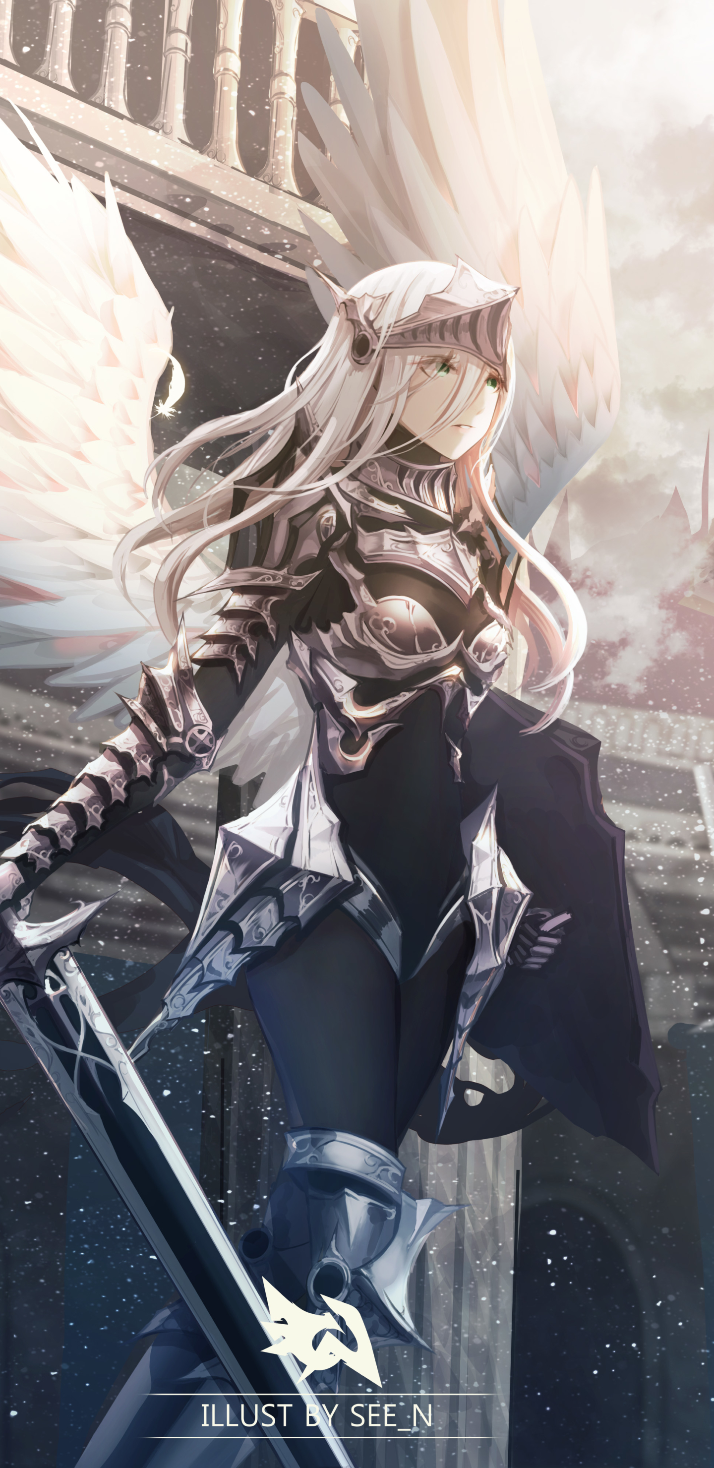 Download mobile wallpaper Anime, Wings, Angel, Armor, Sword, Original, Long Hair, White Hair for free.
