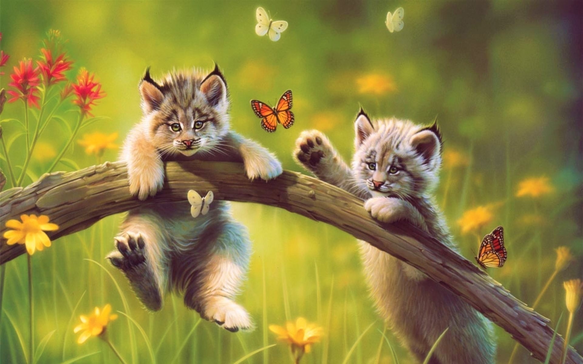 artistic, painting, baby animal, butterfly, cat, cub, cute, lynx, meadow