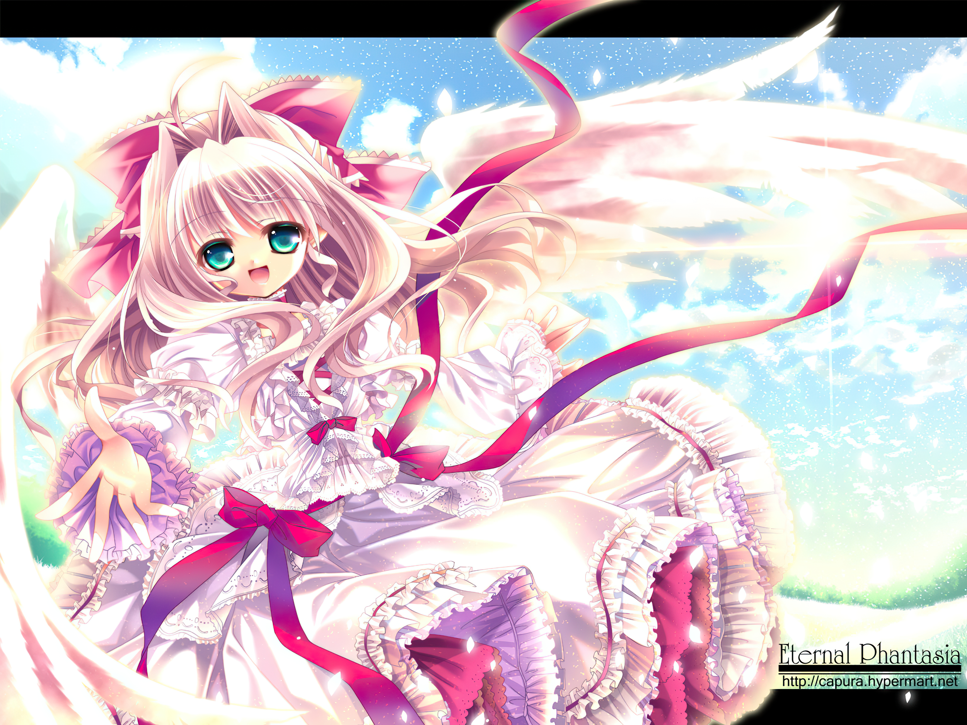 Free download wallpaper Anime, Smile, Wings, Angel, Blue Eyes, Long Hair, Bow (Clothing) on your PC desktop