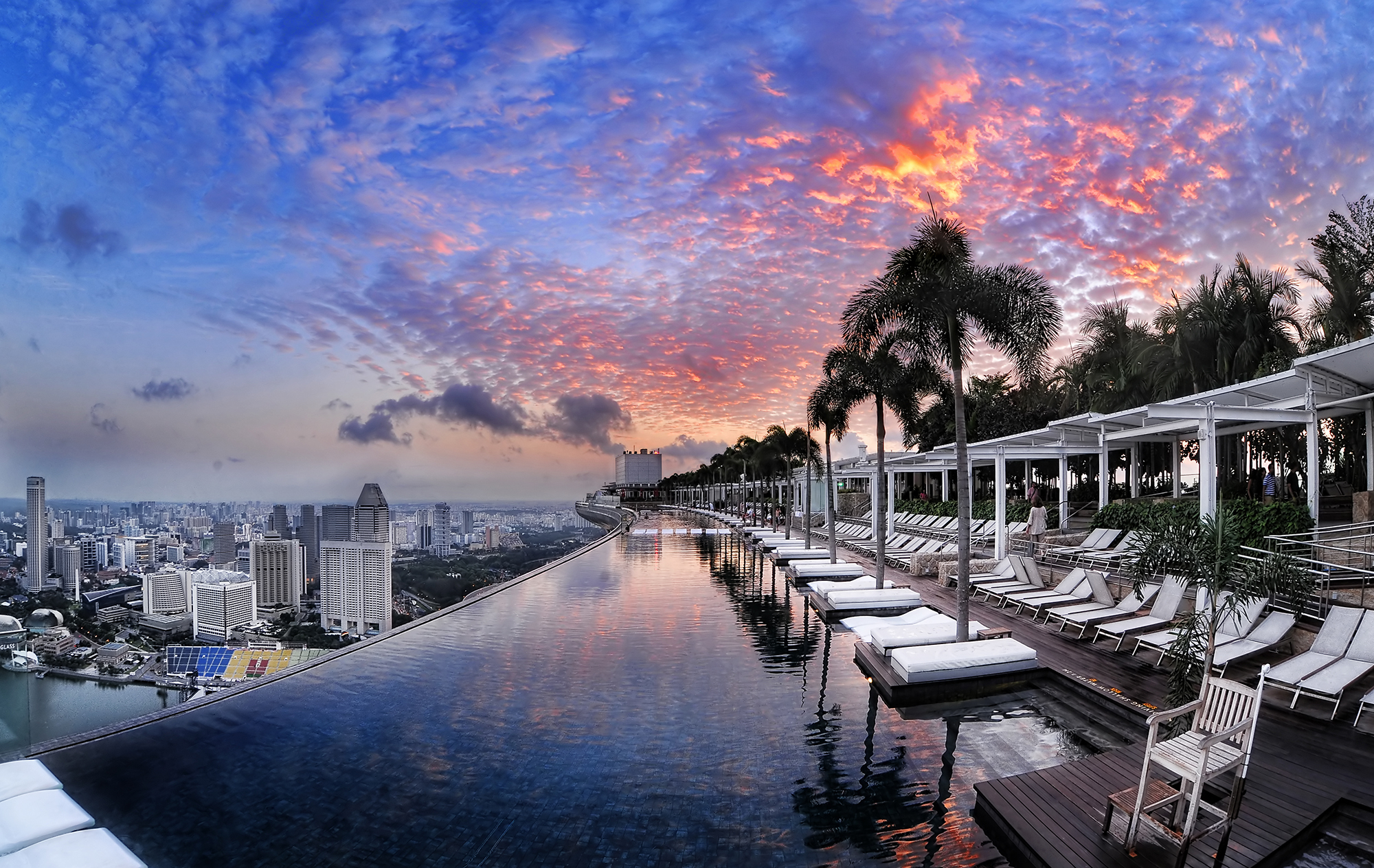 Free download wallpaper Sunset, City, Singapore, Pool, Hotel, Man Made, Marina Bay Sands on your PC desktop