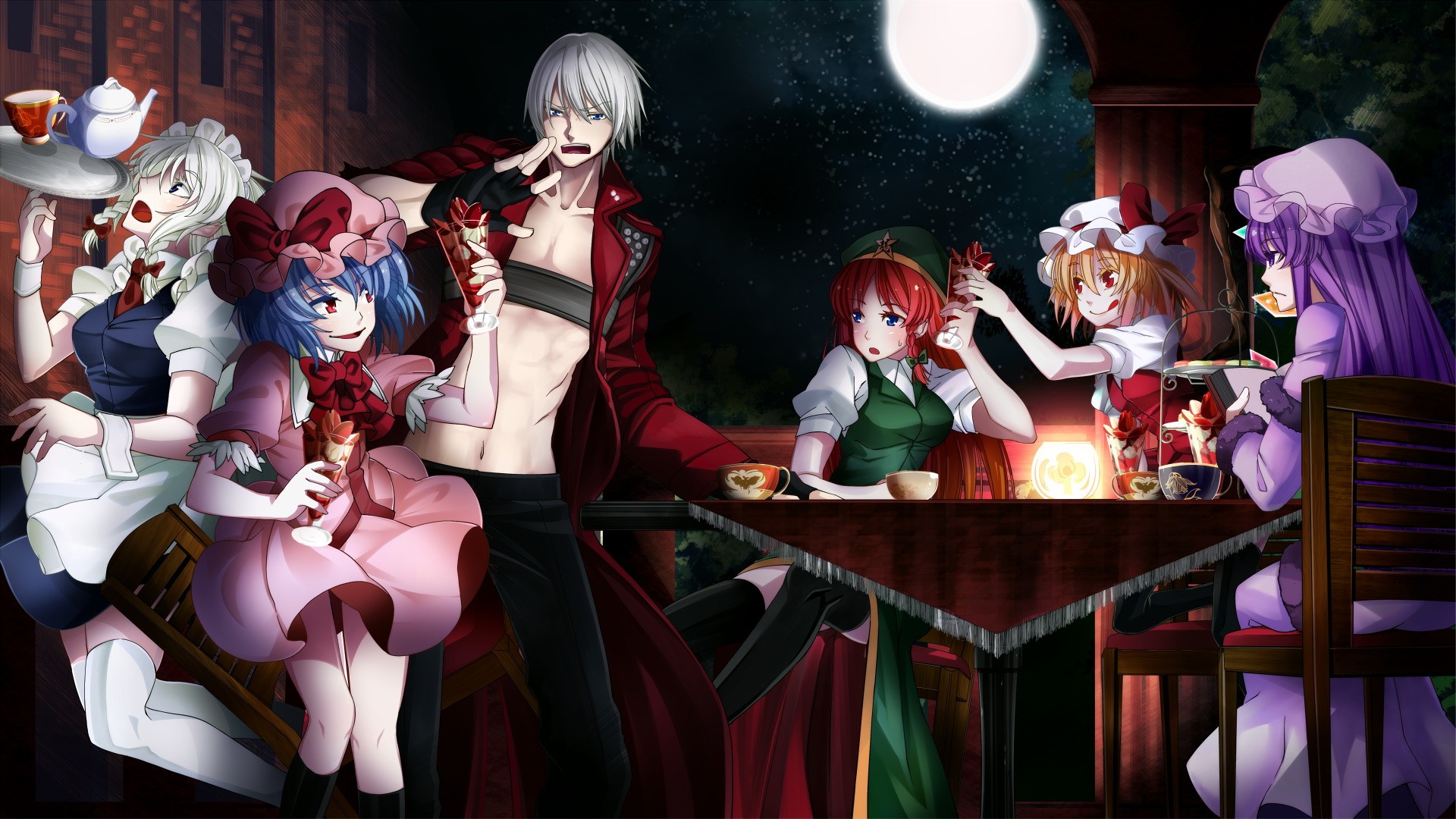 Free download wallpaper Anime, Crossover, Video Game, Remilia Scarlet, Flandre Scarlet, Hong Meiling, Patchouli Knowledge, Sakuya Izayoi, Dante (Devil May Cry) on your PC desktop