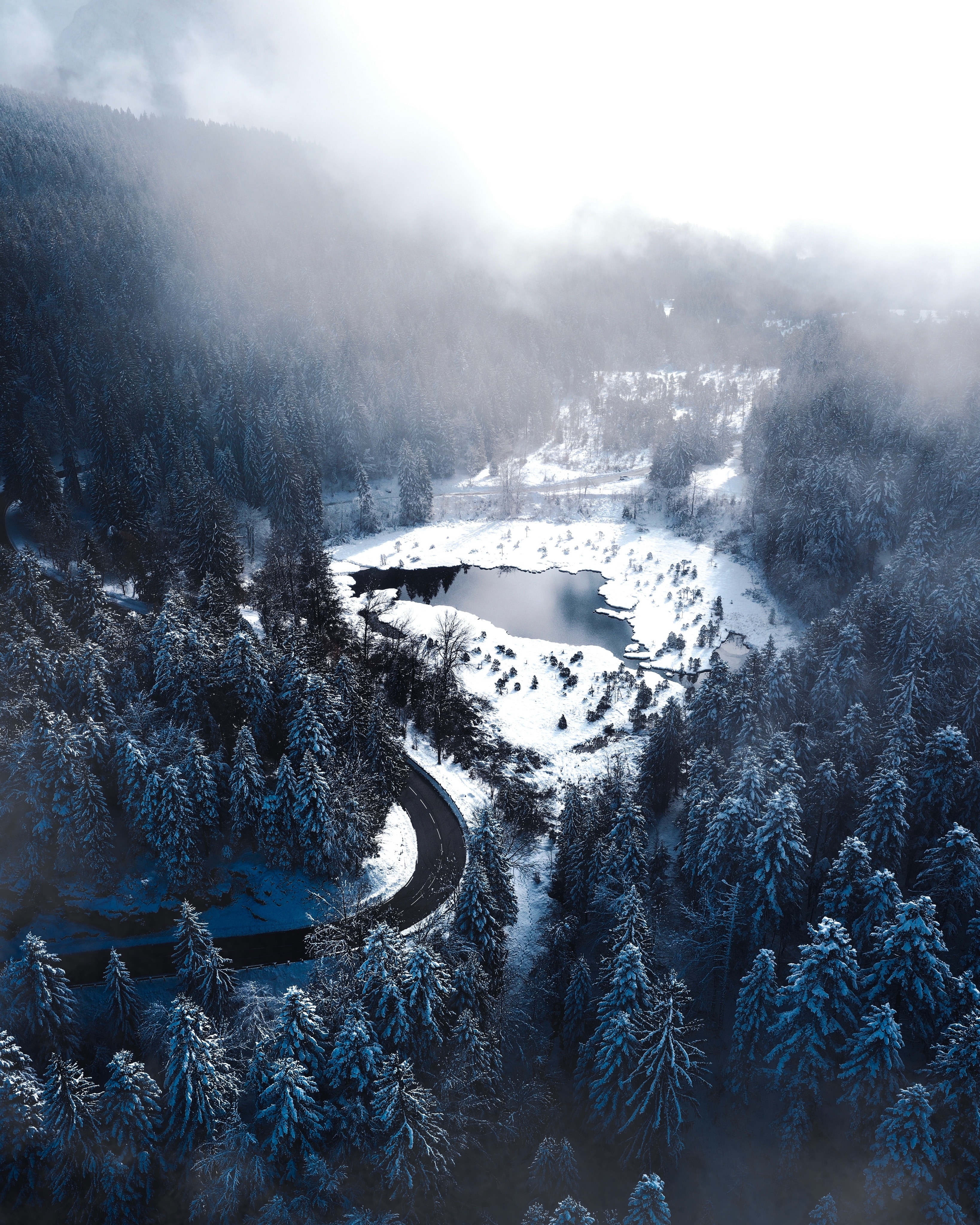 Download mobile wallpaper Winter, Lake, Road, Forest, Nature for free.
