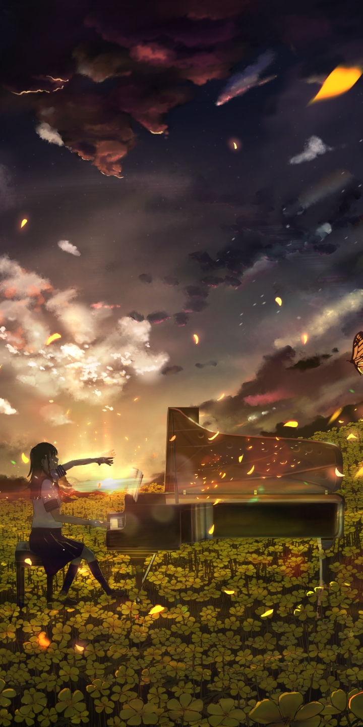 Download mobile wallpaper Music, Anime, Sunset, Piano, Flower, Butterfly, Evening, Schoolgirl, School Uniform for free.