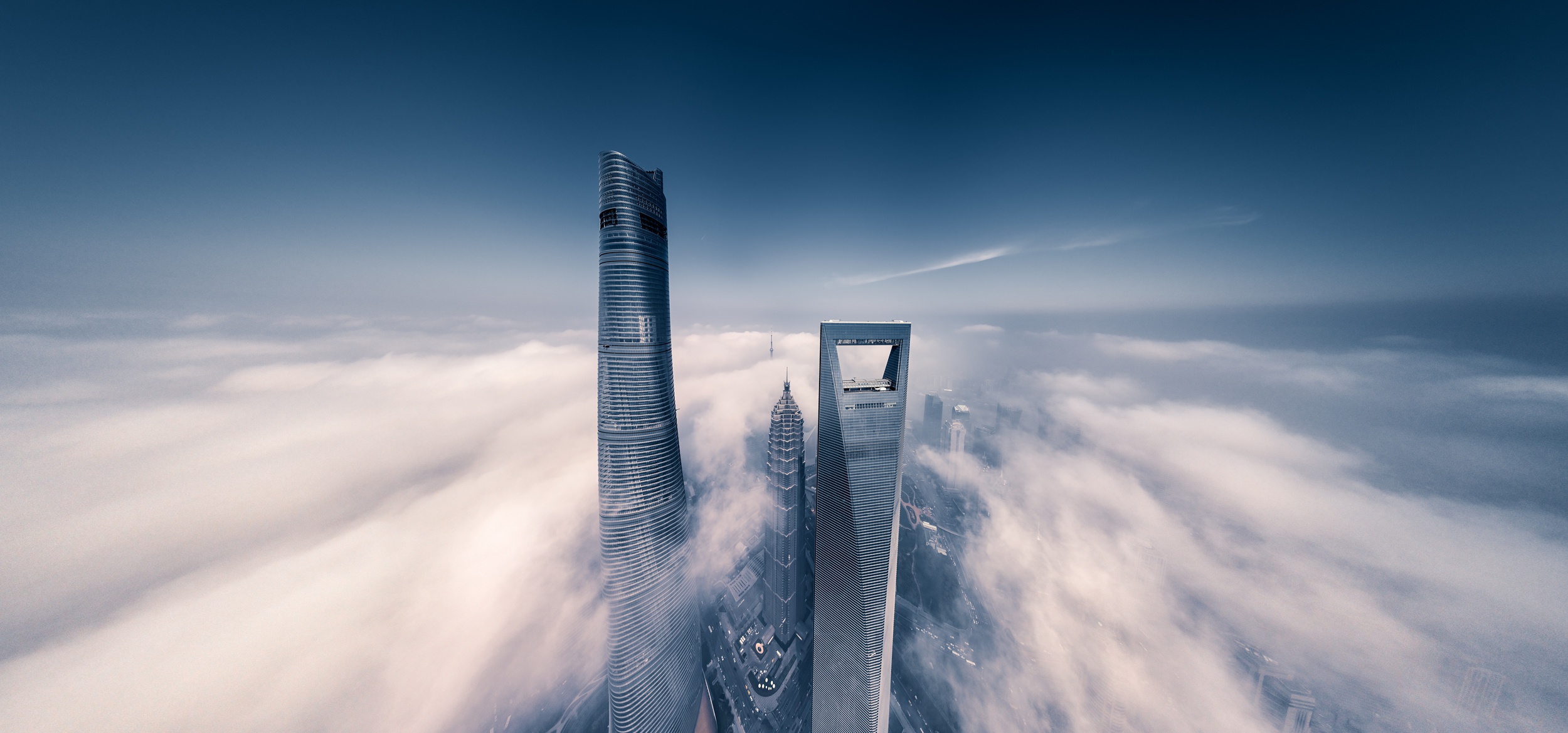 Download mobile wallpaper Cities, Skyscraper, Building, Horizon, Fog, China, Shanghai, Aerial, Man Made for free.