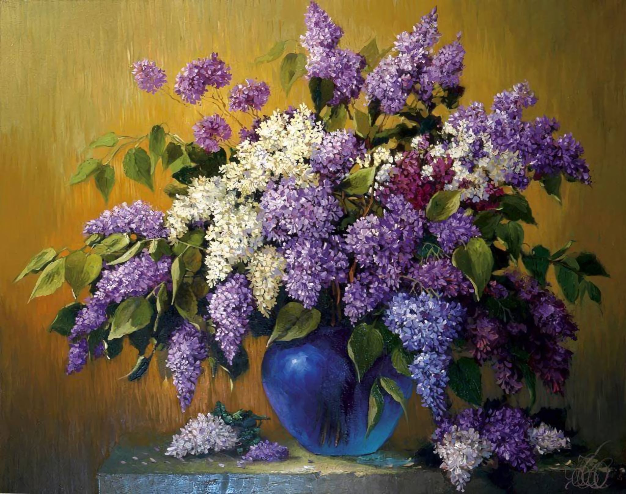 Download mobile wallpaper Flowers, Lilac, Flower, Vase, Painting, Artistic for free.