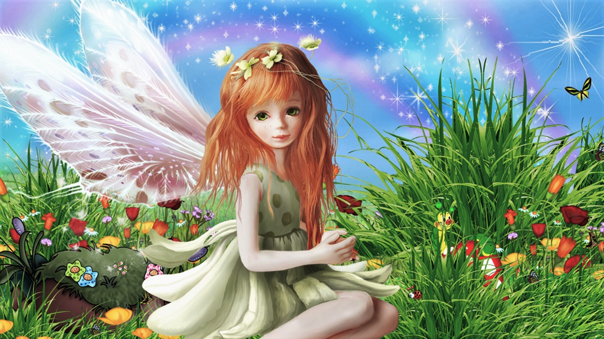 Laden Sie das Fantasie, Blume, Flügel, Gras, Fee, Kleines Mädchen-Bild kostenlos auf Ihren PC-Desktop herunter