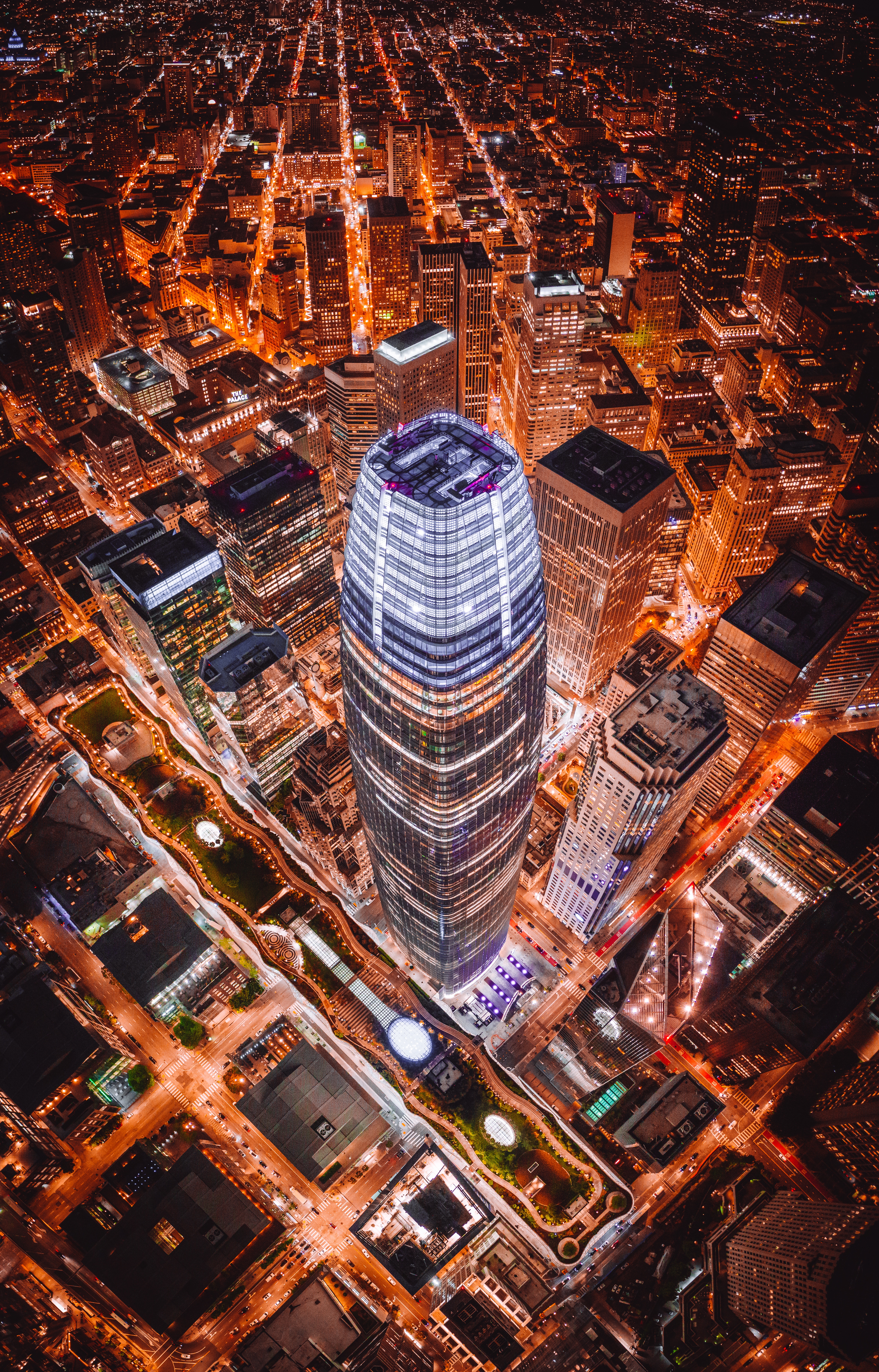 cities, architecture, building, view from above, night city, skyscrapers, tower, roof, roofs, towers