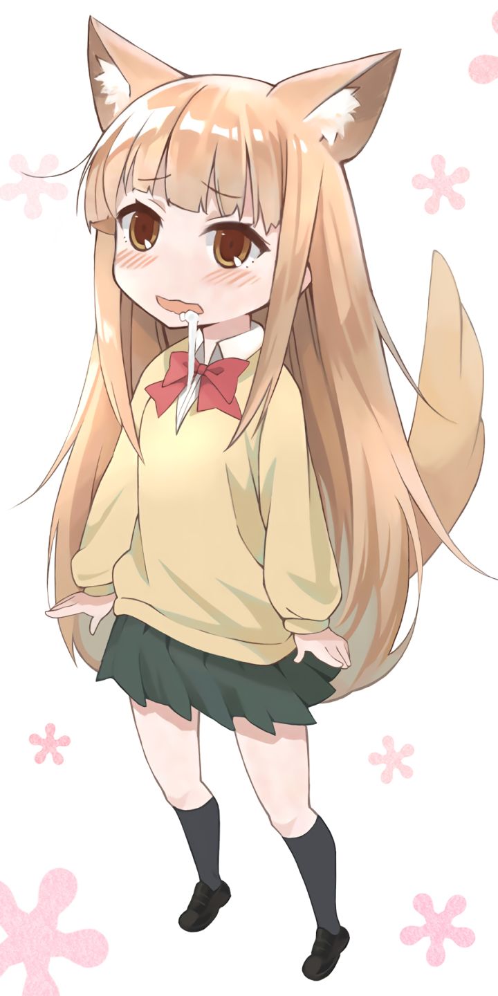 anime, tanaka kun is always listless, school uniform, brown eyes, animal ears, skirt, long hair, bow (clothing), tail, blush