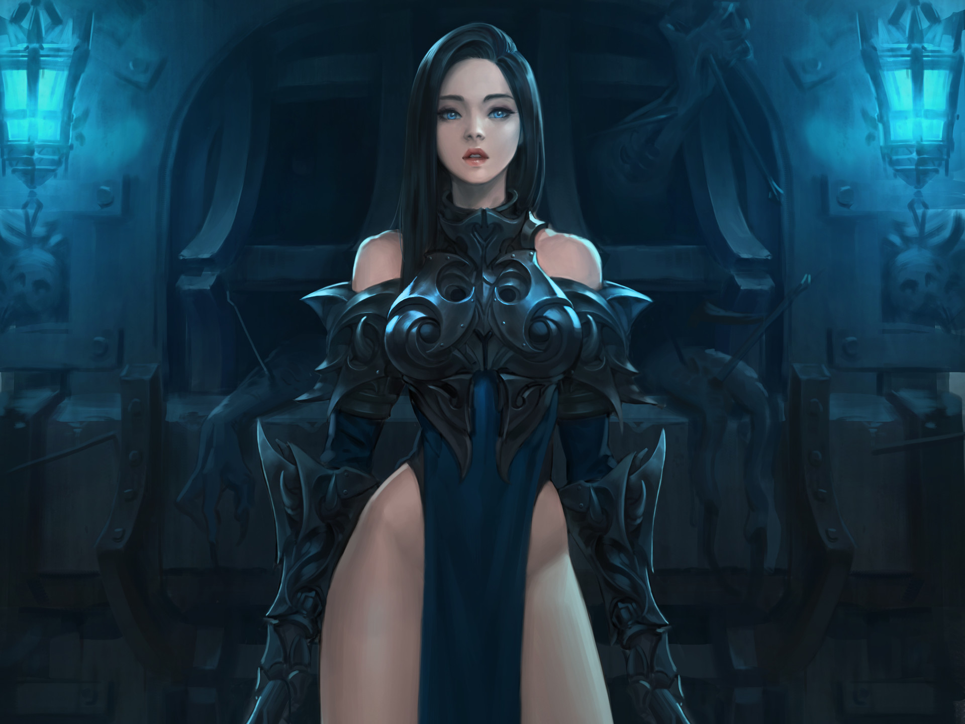 Download mobile wallpaper Fantasy, Armor, Blue Eyes, Black Hair, Women Warrior for free.
