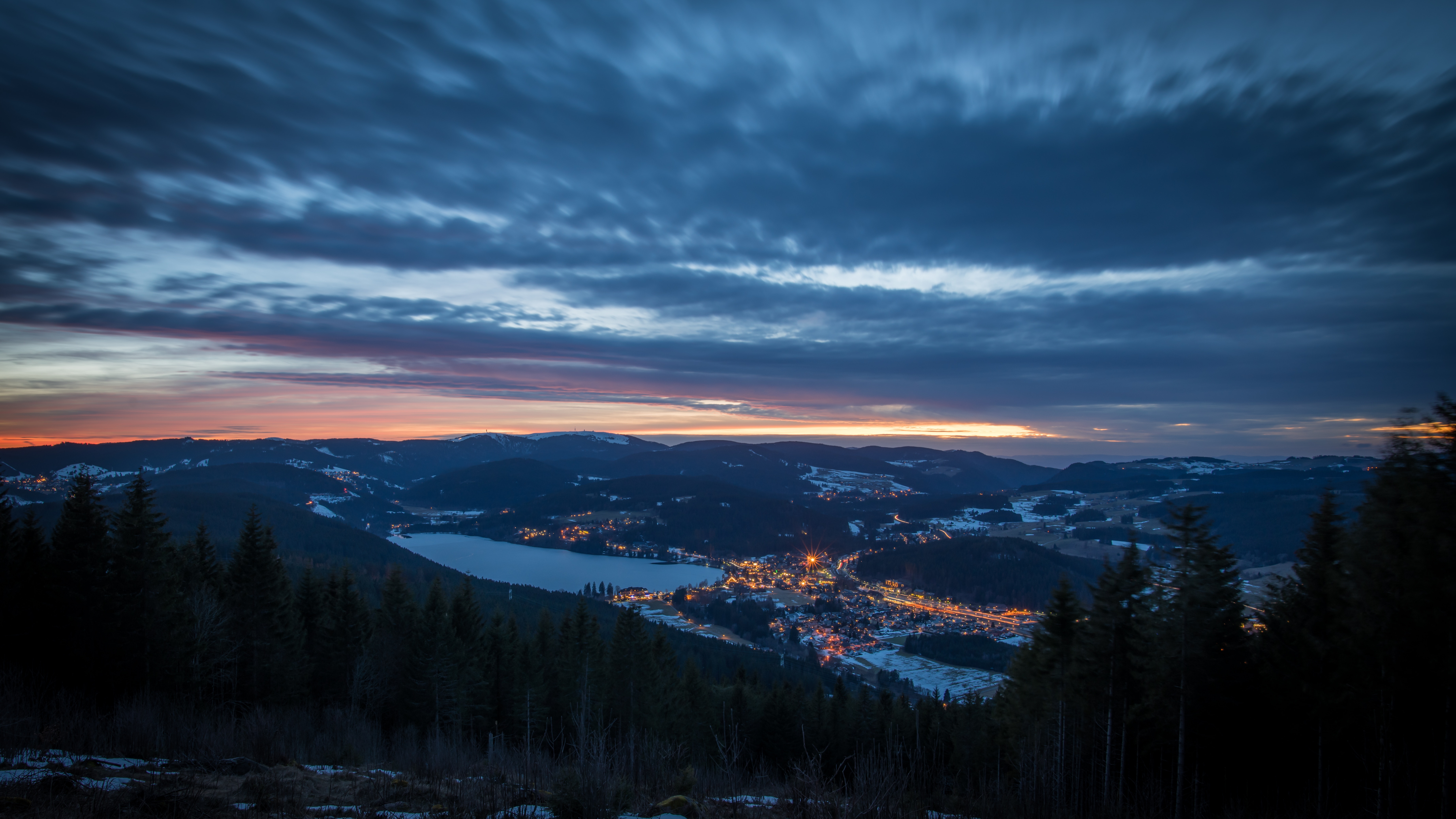 mountains, landscape, nature, night, twilight, city, view from above, dusk