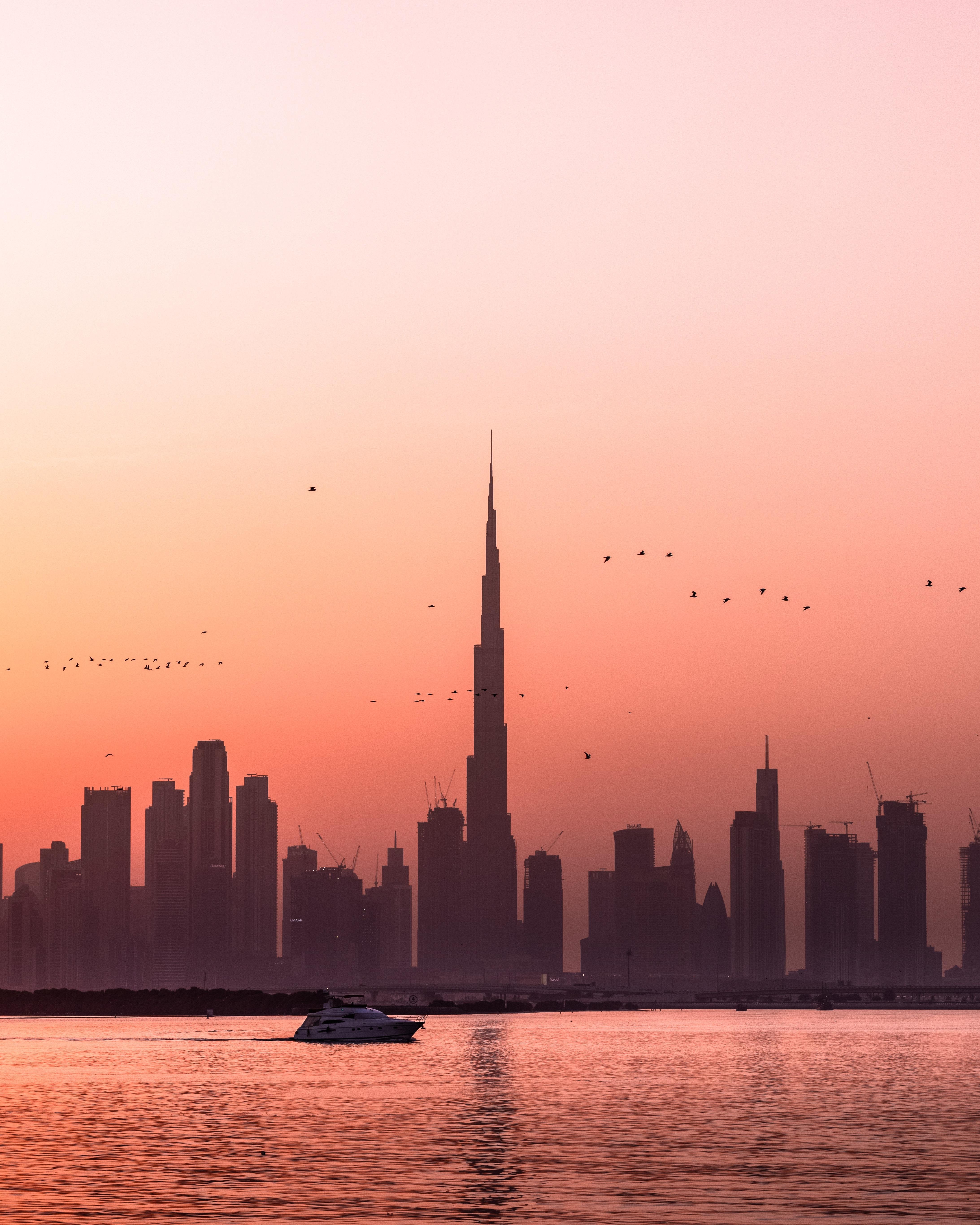 Free download wallpaper Cities, City, Building, Water, Sunset, Birds, Boat on your PC desktop