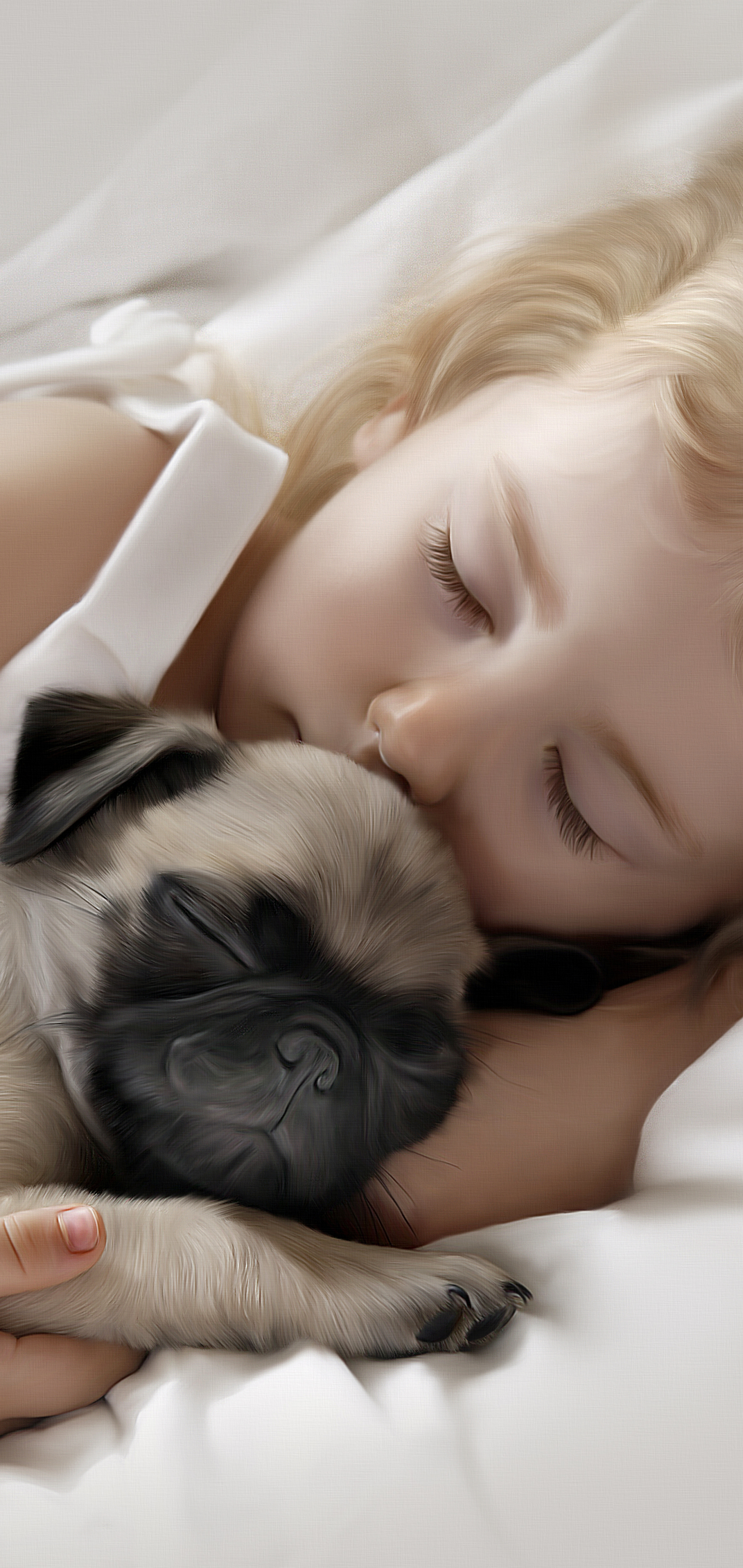 Download mobile wallpaper Puppy, Artistic, Child, Blonde, Sleeping, Pug, Little Girl for free.