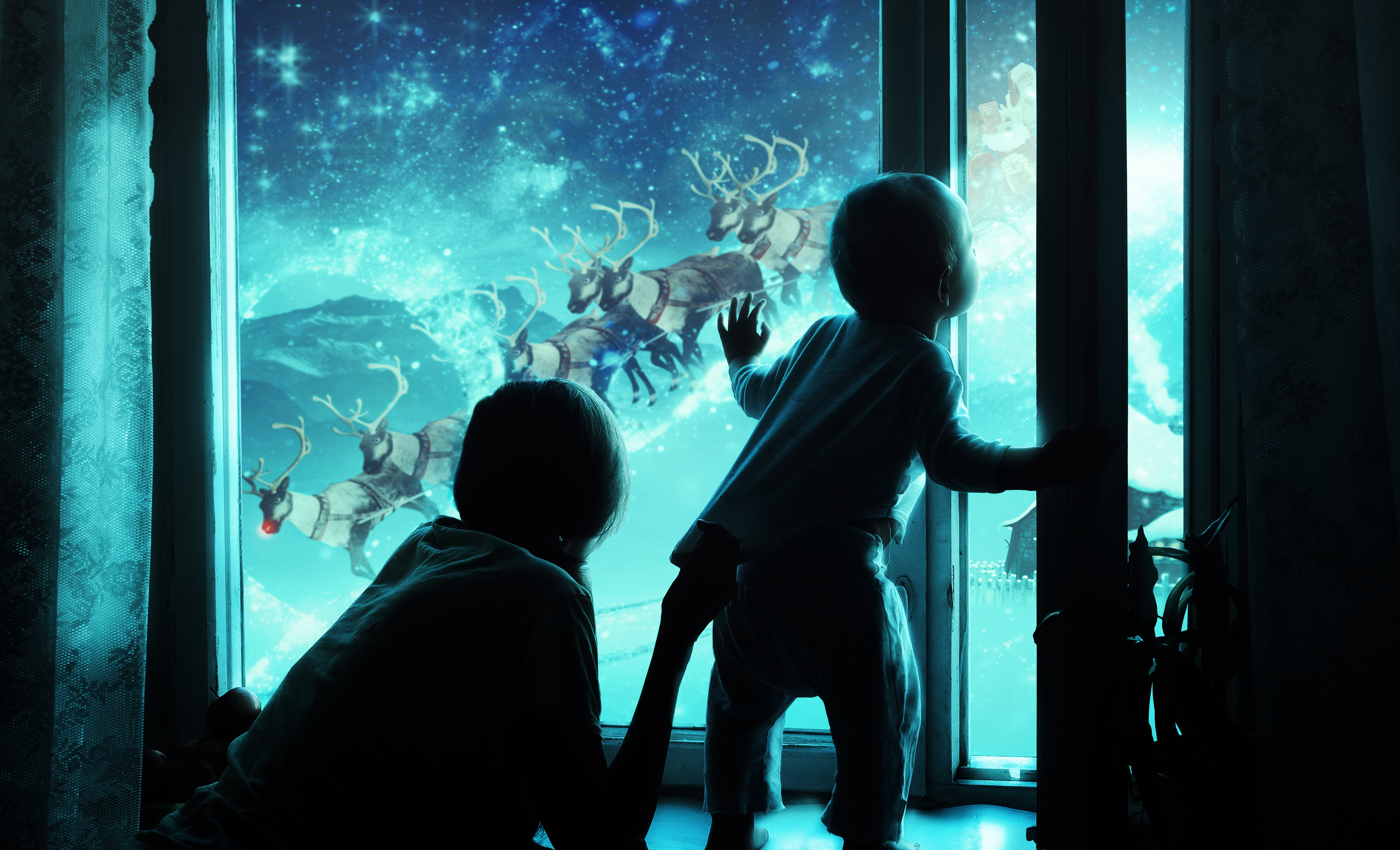 Download mobile wallpaper Winter, Stars, Night, Christmas, Window, Child, Photography for free.