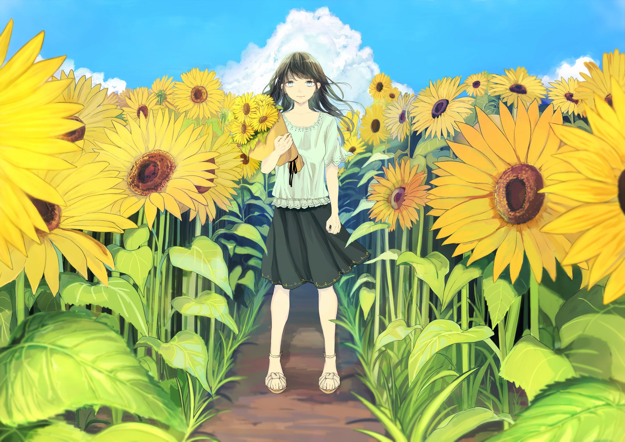 Handy-Wallpaper Sonnenblume, Original, Animes, Schwarzes Haar, Lange Haare, Weiße Augen kostenlos herunterladen.