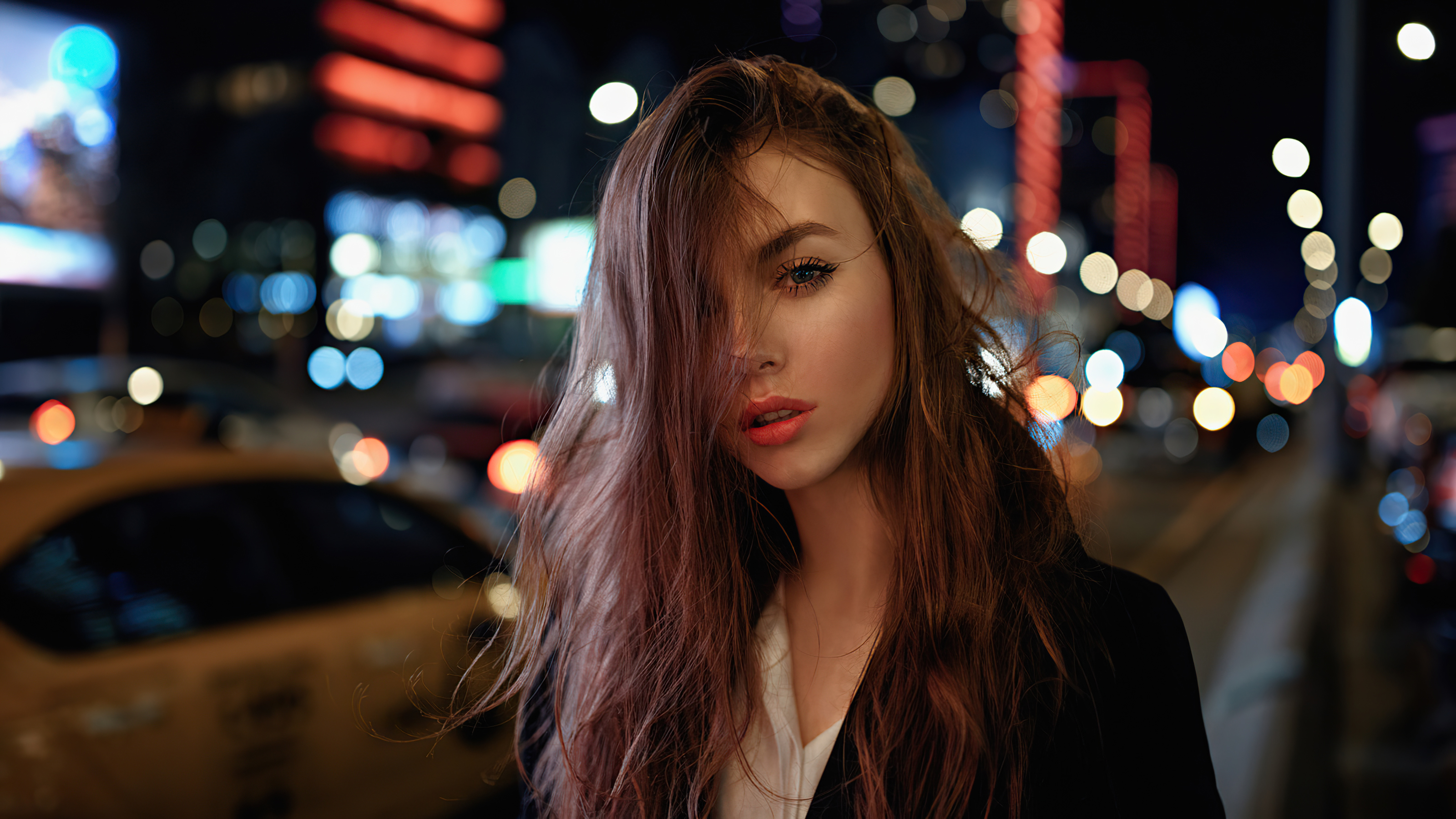 Download mobile wallpaper Night, Brunette, Model, Women, Lipstick, Depth Of Field for free.