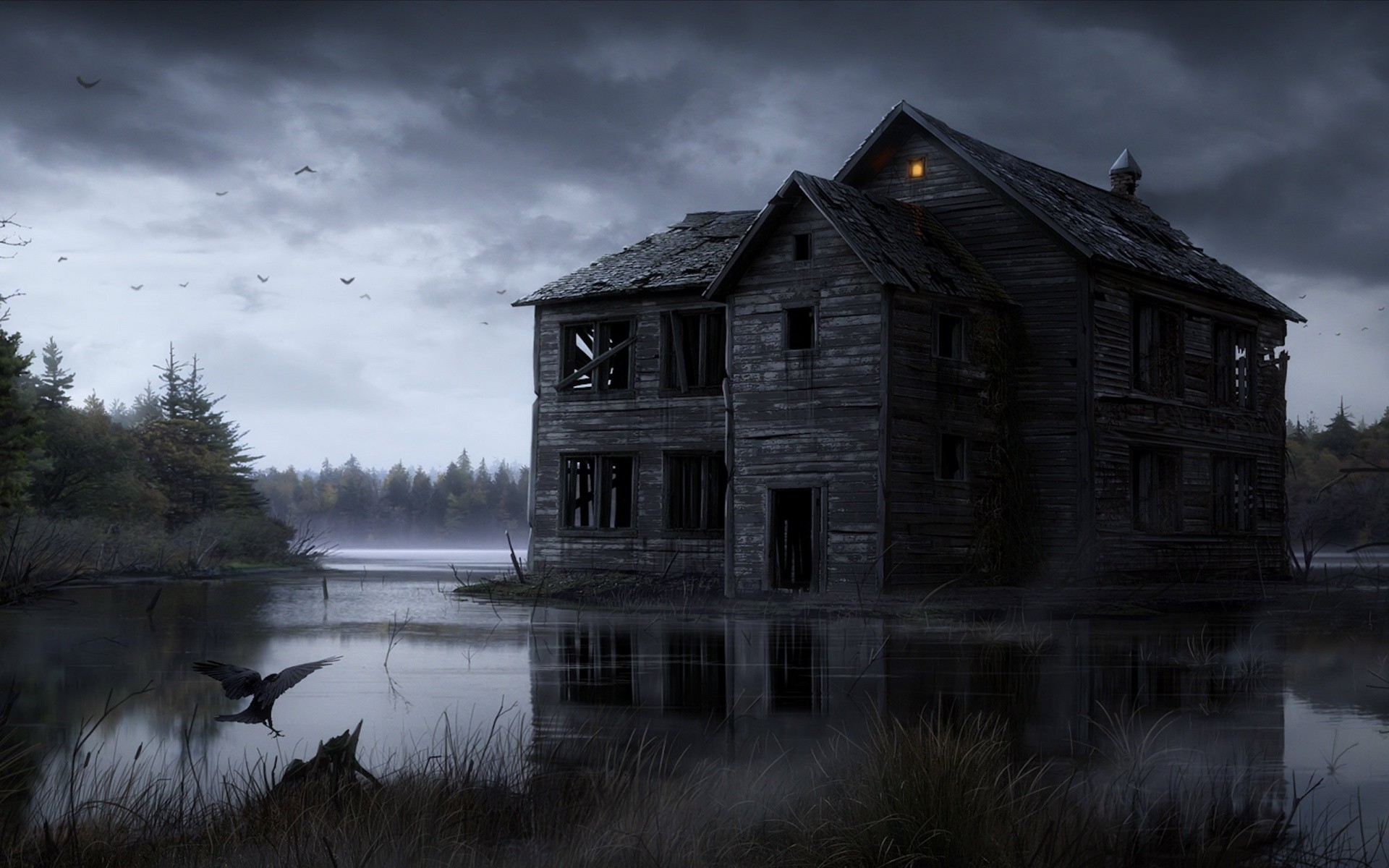 Download mobile wallpaper Building, Lake, Dark, House for free.