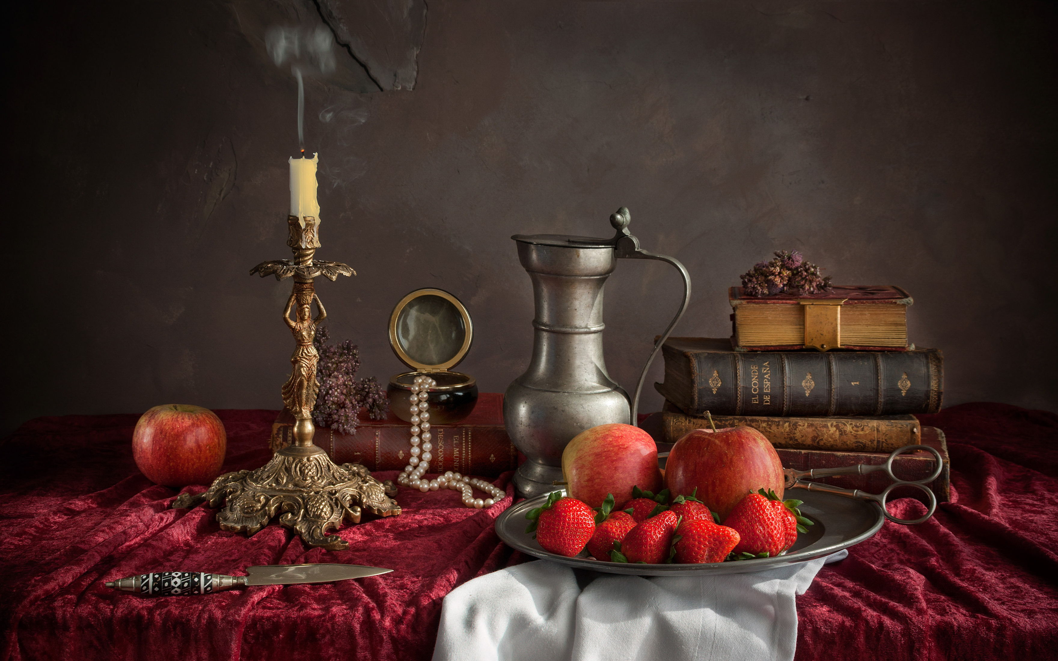 Free download wallpaper Strawberry, Apple, Still Life, Book, Candle, Pearl, Photography, Knife, Pitcher on your PC desktop