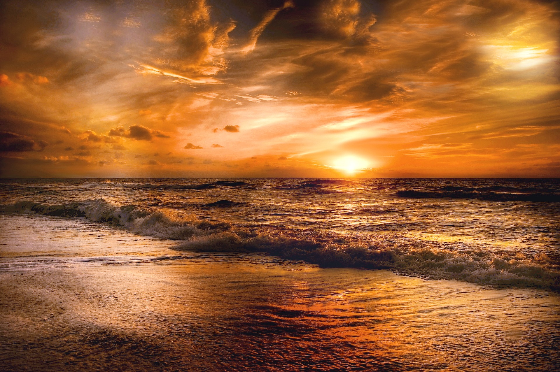 Free download wallpaper Nature, Sunset, Horizon, Ocean, Earth, Cloud, Wave on your PC desktop