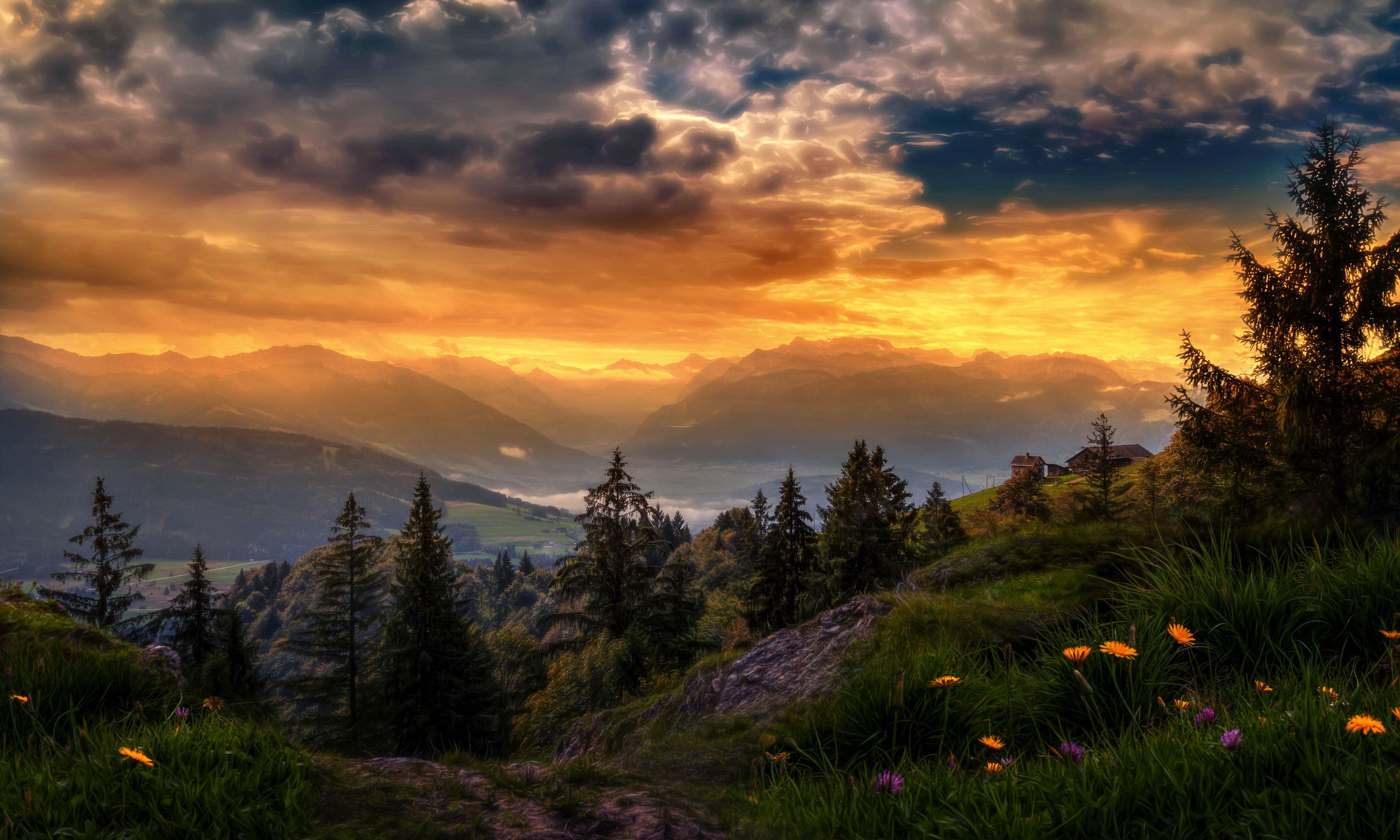 Download mobile wallpaper Landscape, Sunset, Mountain, Flower, Tree, Switzerland, Valley, Cloud, Photography, Countryside for free.