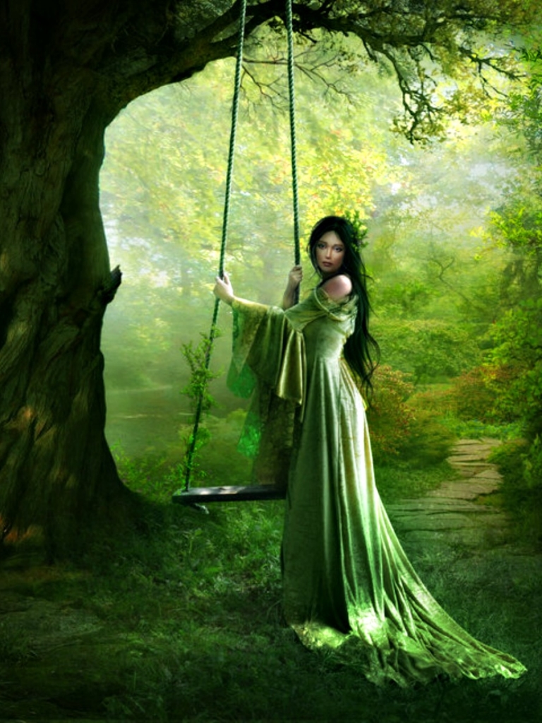 Download mobile wallpaper Fantasy, Forest, Tree, Swing, Sad, Women for free.
