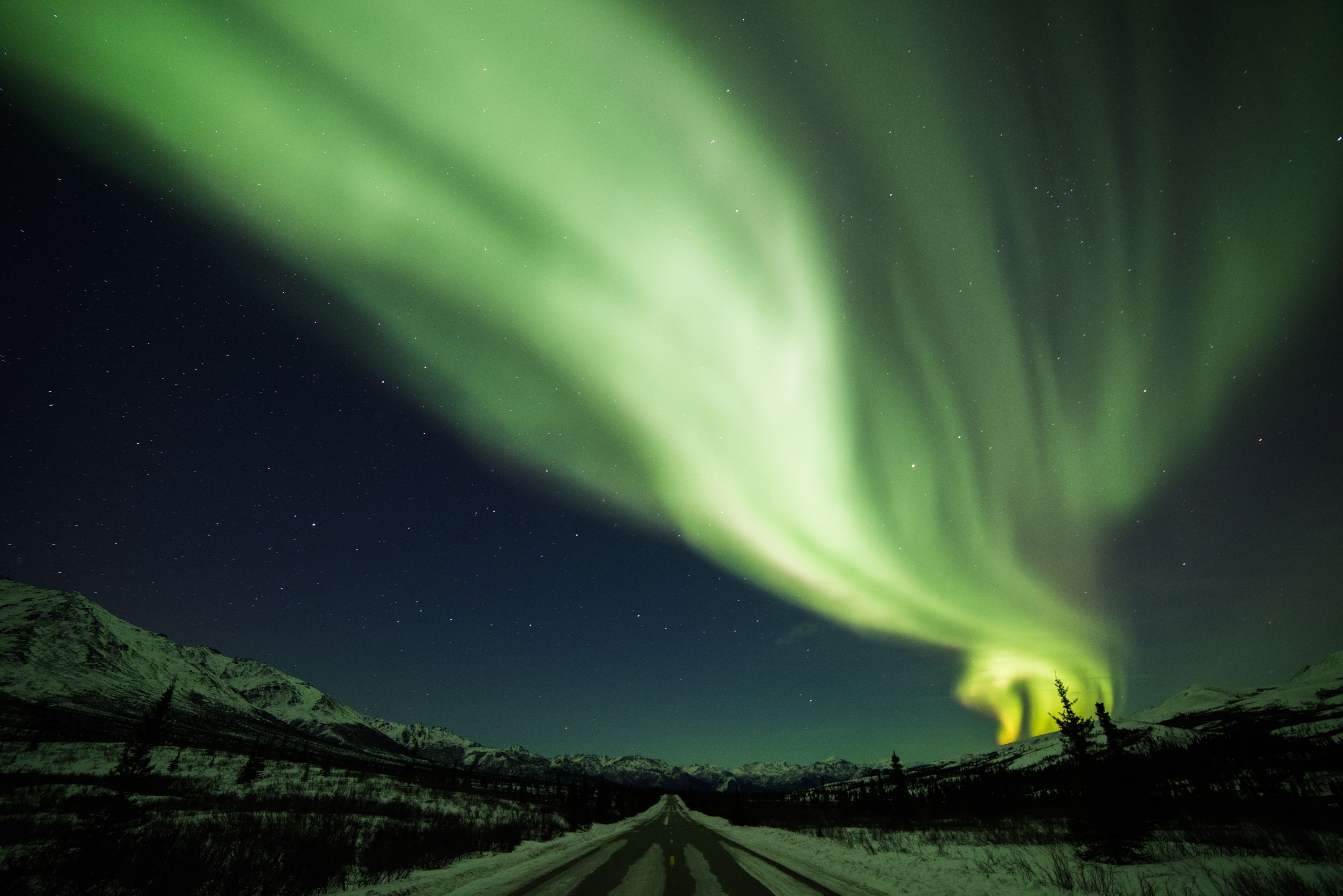 Free download wallpaper Winter, Nature, Sky, Snow, Road, Aurora Borealis, Man Made on your PC desktop