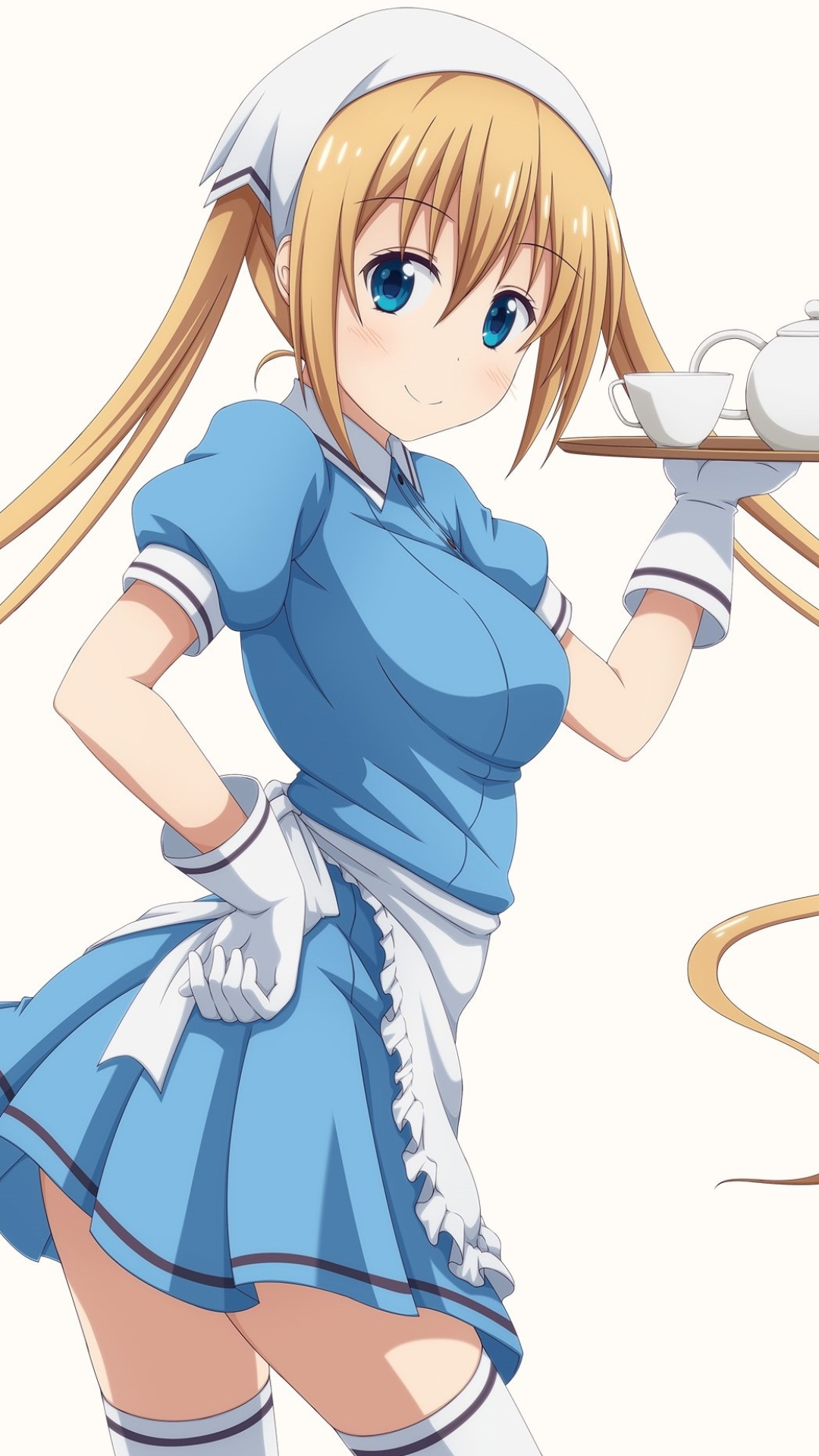 Download mobile wallpaper Anime, Smile, Blonde, Teapot, Glove, Headdress, Blue Eyes, Maid, Blush, Long Hair, Thigh Highs, Twintails, Tea Cup, Kaho Hinata, Blend S for free.
