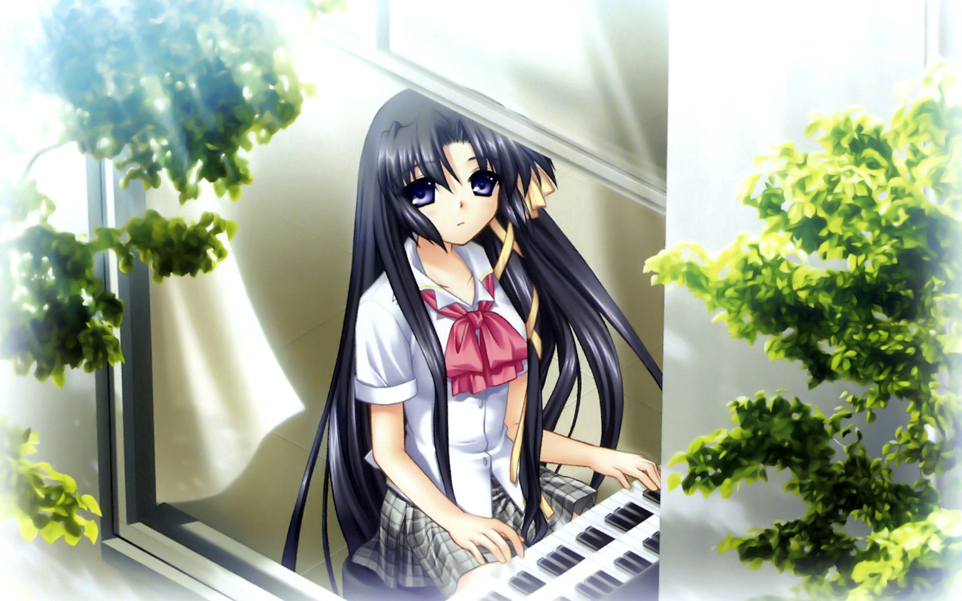 Free download wallpaper Wood, Tree, Brunette, Piano, Girl, Anime on your PC desktop