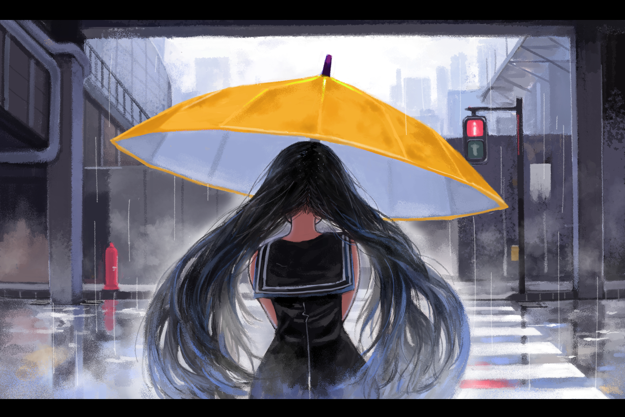 anime, original, street light, umbrella